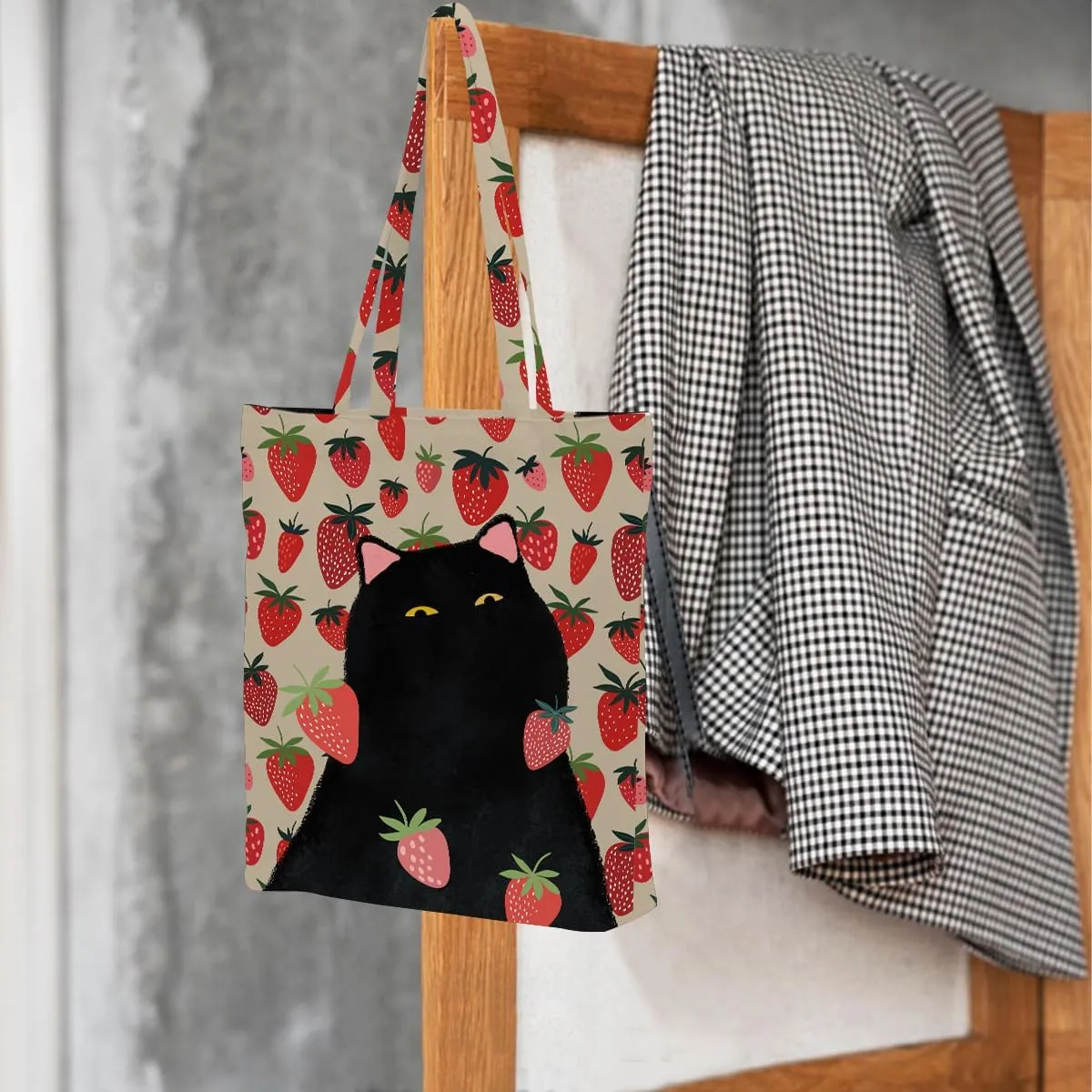 Jztco Preppy Tote Bag, Aesthetic Bows Strawberry Beach Bag, Cat Lovers Gifts for Women Sister, Reusable Grocery Bags