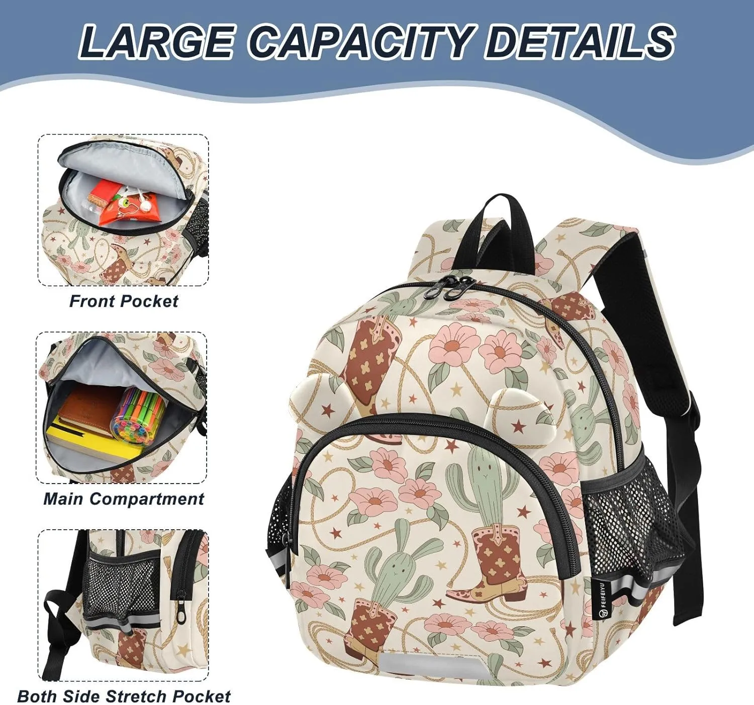 Kids Backpack Cactus Cowboy Boots Floral Toddler Bookbag, Mini Travel Bag for Baby Girl Boy 3-6 Years M