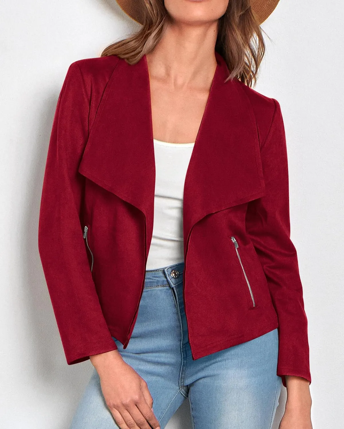 KIRUNDO Womens Fashion Faux Suede Jacket 2024 Fall Winter Casual Long Sleeve Open Front Bomber Cropped Coat Outerwear