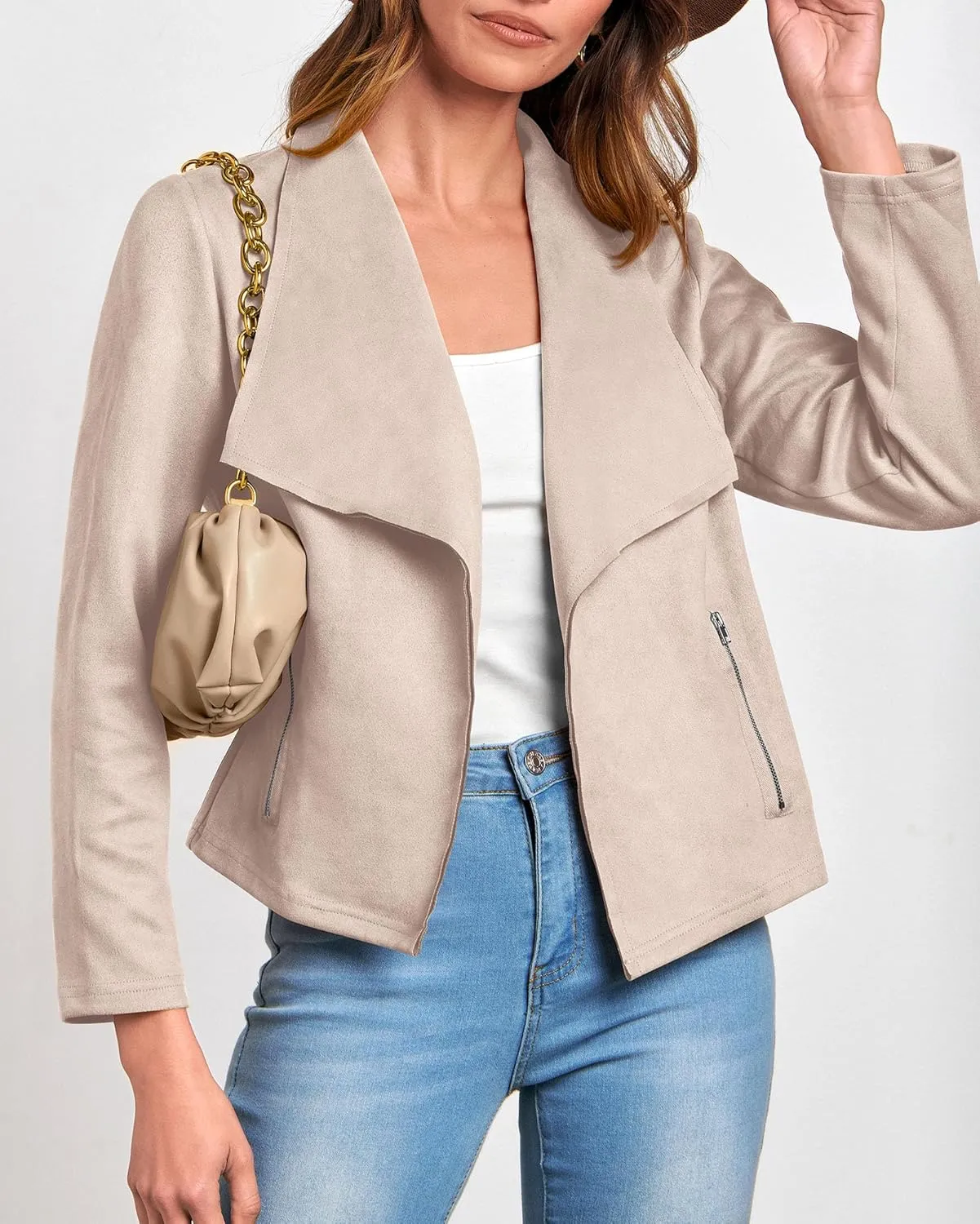 KIRUNDO Womens Fashion Faux Suede Jacket 2024 Fall Winter Casual Long Sleeve Open Front Bomber Cropped Coat Outerwear