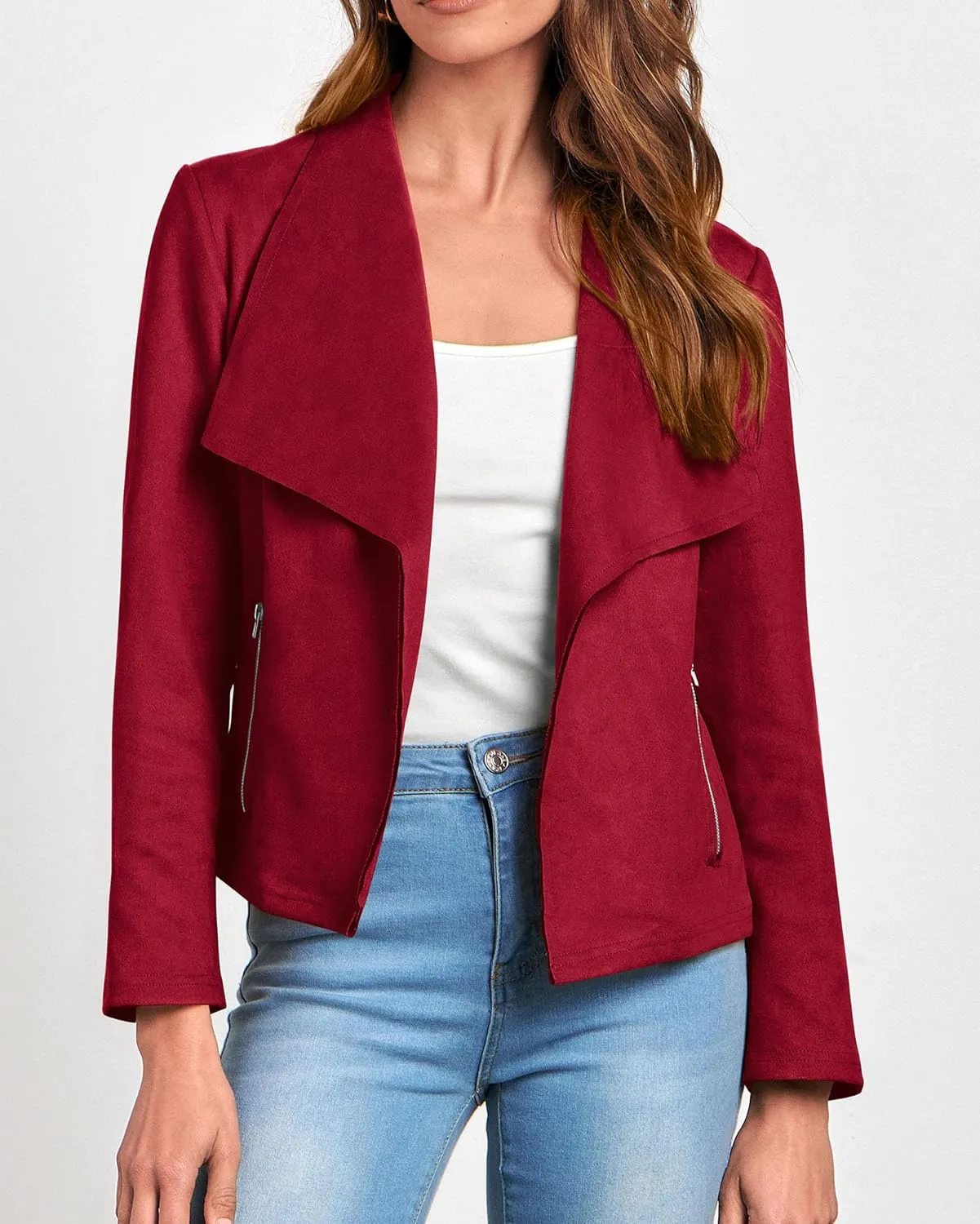 KIRUNDO Womens Fashion Faux Suede Jacket 2024 Fall Winter Casual Long Sleeve Open Front Bomber Cropped Coat Outerwear