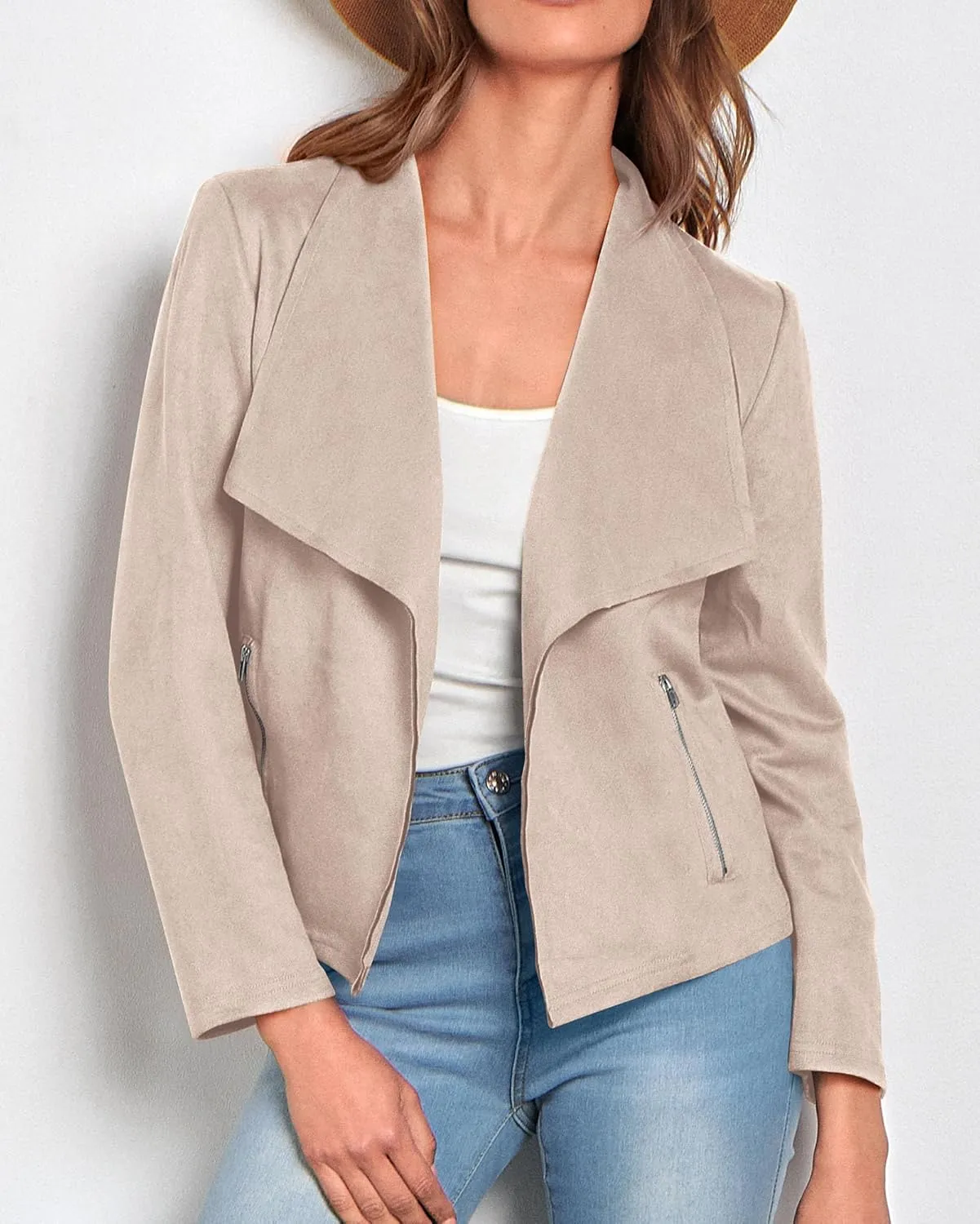 KIRUNDO Womens Fashion Faux Suede Jacket 2024 Fall Winter Casual Long Sleeve Open Front Bomber Cropped Coat Outerwear