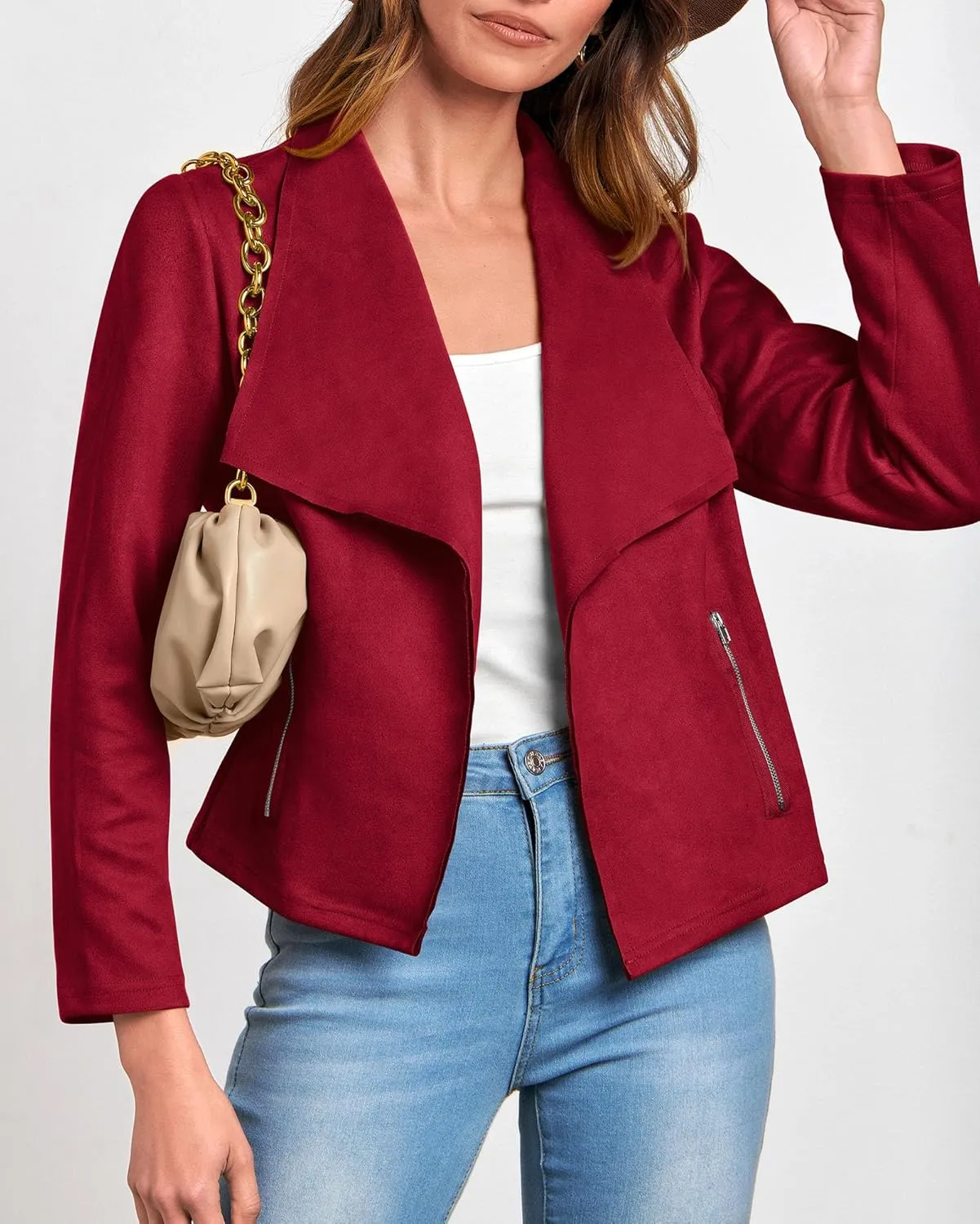 KIRUNDO Womens Fashion Faux Suede Jacket 2024 Fall Winter Casual Long Sleeve Open Front Bomber Cropped Coat Outerwear