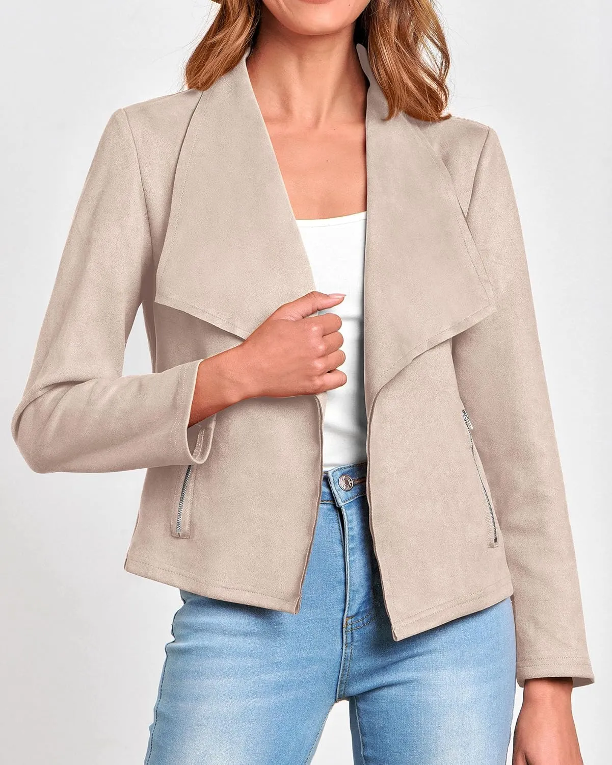 KIRUNDO Womens Fashion Faux Suede Jacket 2024 Fall Winter Casual Long Sleeve Open Front Bomber Cropped Coat Outerwear