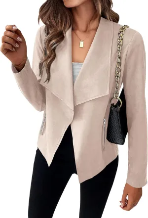 KIRUNDO Womens Fashion Faux Suede Jacket 2024 Fall Winter Casual Long Sleeve Open Front Bomber Cropped Coat Outerwear
