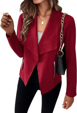 KIRUNDO Womens Fashion Faux Suede Jacket 2024 Fall Winter Casual Long Sleeve Open Front Bomber Cropped Coat Outerwear