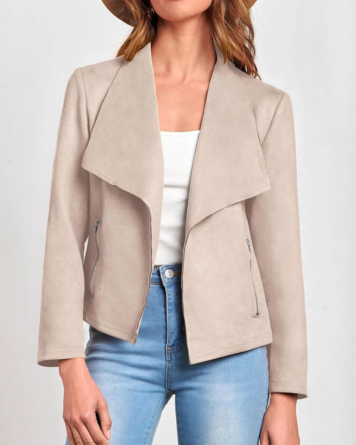 KIRUNDO Womens Fashion Faux Suede Jacket 2024 Fall Winter Casual Long Sleeve Open Front Bomber Cropped Coat Outerwear
