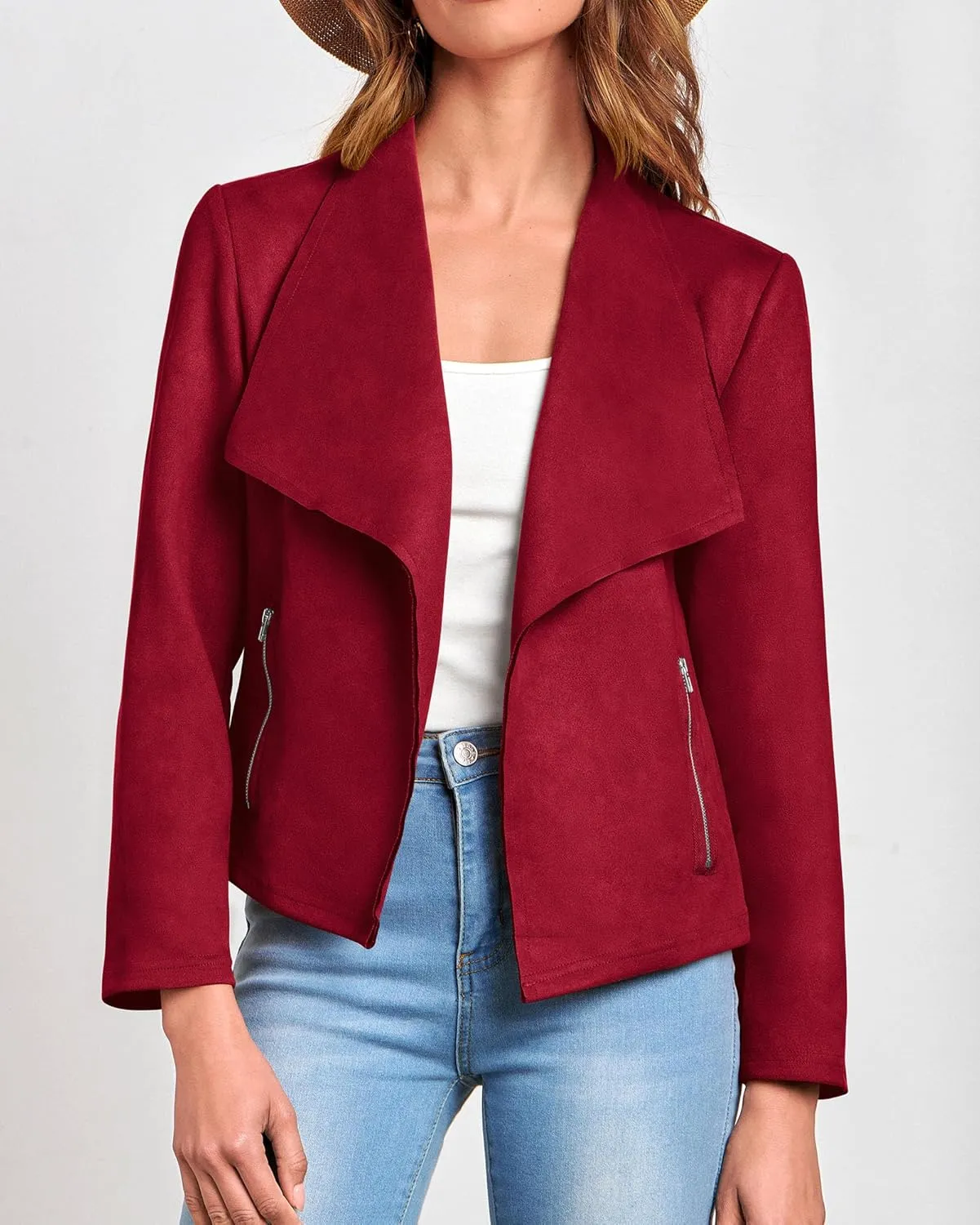 KIRUNDO Womens Fashion Faux Suede Jacket 2024 Fall Winter Casual Long Sleeve Open Front Bomber Cropped Coat Outerwear