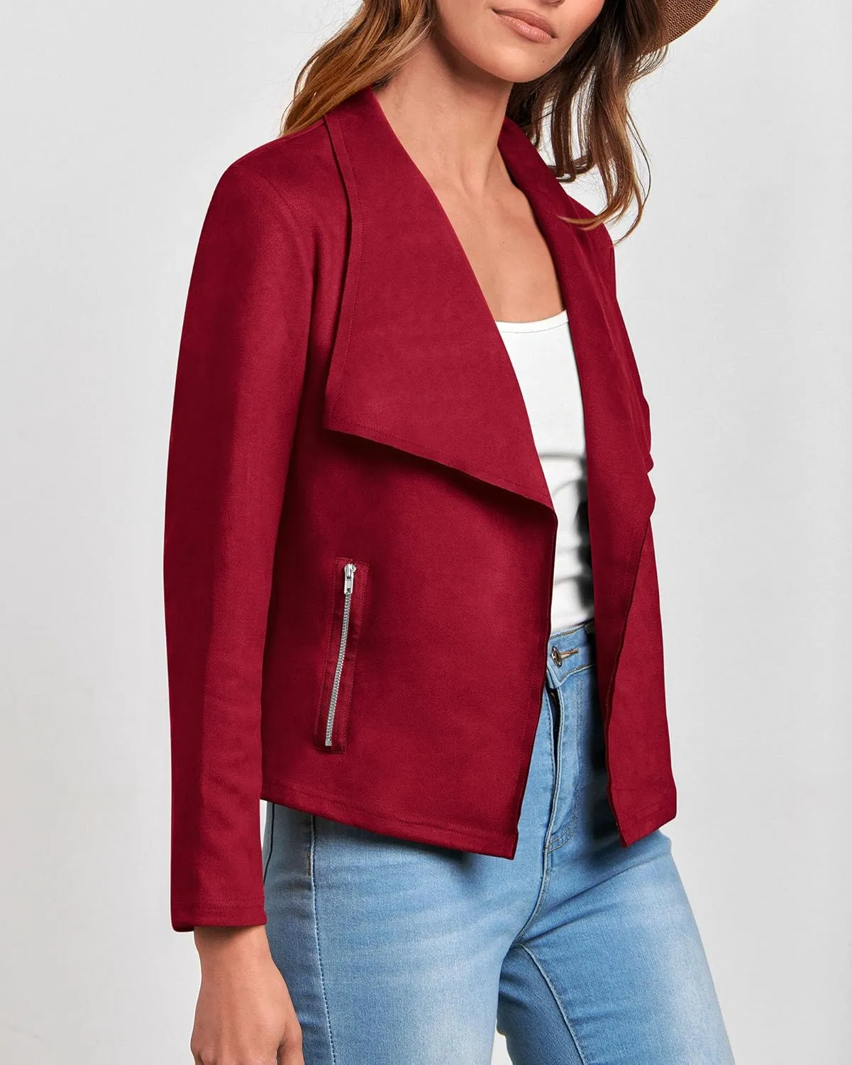 KIRUNDO Womens Fashion Faux Suede Jacket 2024 Fall Winter Casual Long Sleeve Open Front Bomber Cropped Coat Outerwear