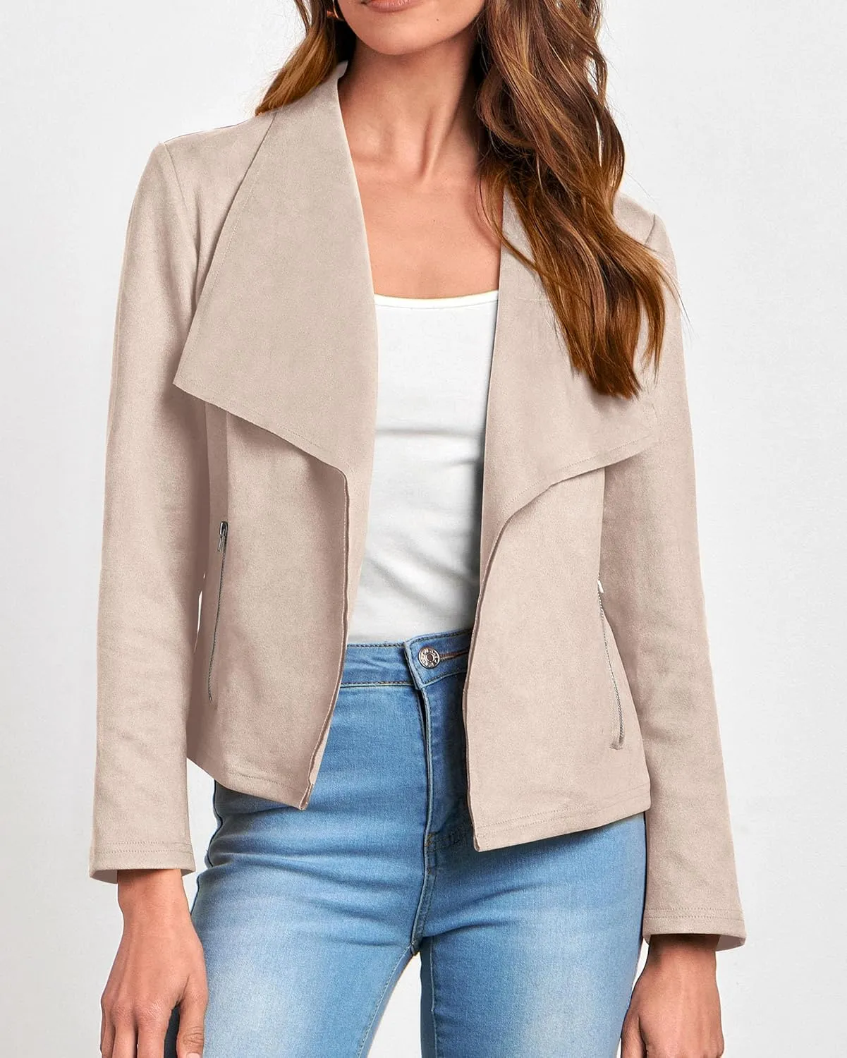 KIRUNDO Womens Fashion Faux Suede Jacket 2024 Fall Winter Casual Long Sleeve Open Front Bomber Cropped Coat Outerwear
