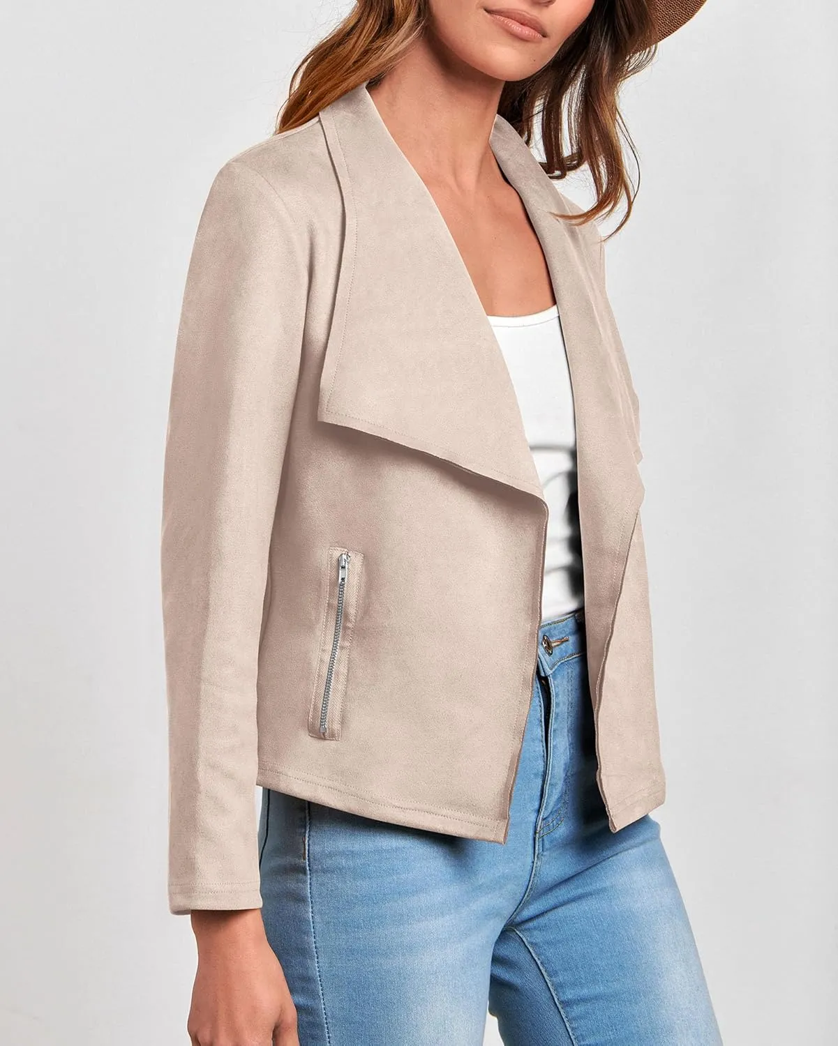 KIRUNDO Womens Fashion Faux Suede Jacket 2024 Fall Winter Casual Long Sleeve Open Front Bomber Cropped Coat Outerwear