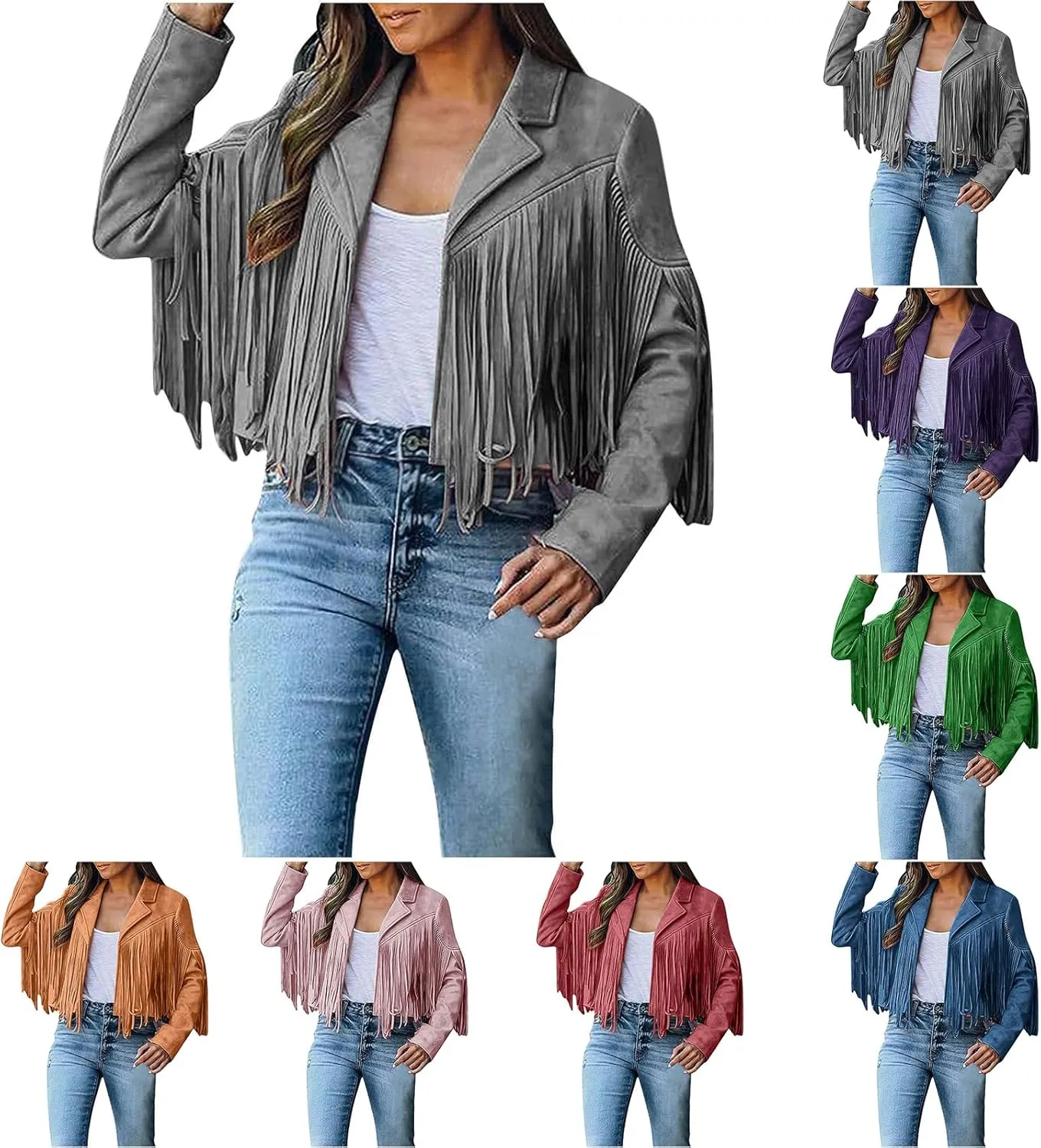 Kubbon Women's Fringe Faux Suede Leather Jackets 2024 Fall Long Sleeve Tassel Cropped Cowboy Coats Motorcycle Outfits