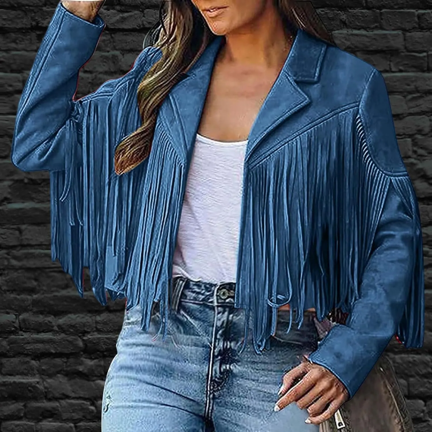 Kubbon Women's Fringe Faux Suede Leather Jackets 2024 Fall Long Sleeve Tassel Cropped Cowboy Coats Motorcycle Outfits