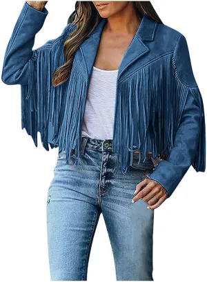 Kubbon Women's Fringe Faux Suede Leather Jackets 2024 Fall Long Sleeve Tassel Cropped Cowboy Coats Motorcycle Outfits
