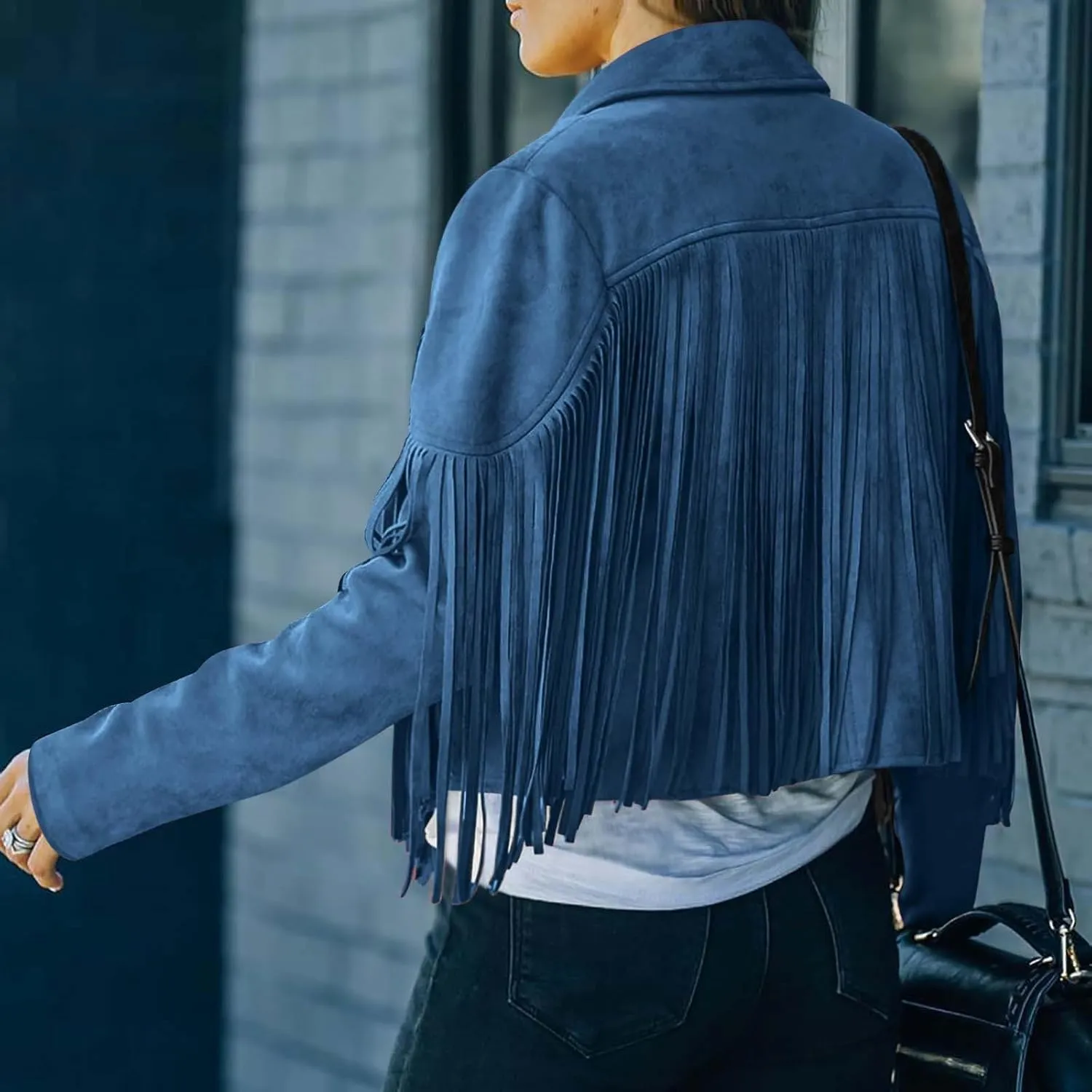 Kubbon Women's Fringe Faux Suede Leather Jackets 2024 Fall Long Sleeve Tassel Cropped Cowboy Coats Motorcycle Outfits