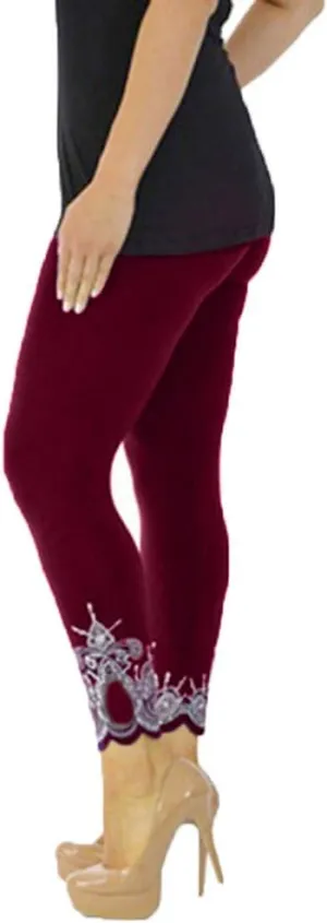 Lace Leggings for Women Plus Size High Waisted Capri Cropped Leggings Stretch Lace Trim Soft Tights Yoga Pants