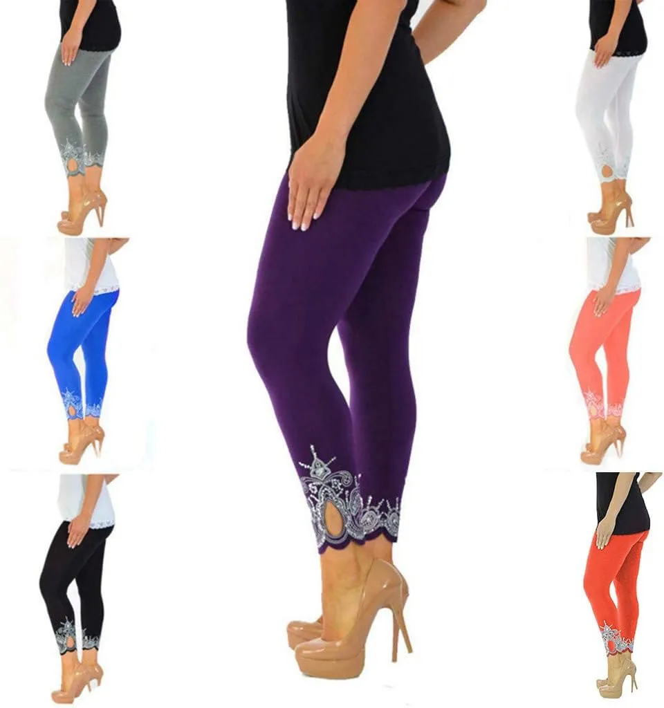 Lace Leggings for Women Plus Size High Waisted Capri Cropped Leggings Stretch Lace Trim Soft Tights Yoga Pants