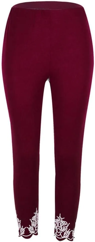Lace Leggings for Women Plus Size High Waisted Capri Cropped Leggings Stretch Lace Trim Soft Tights Yoga Pants