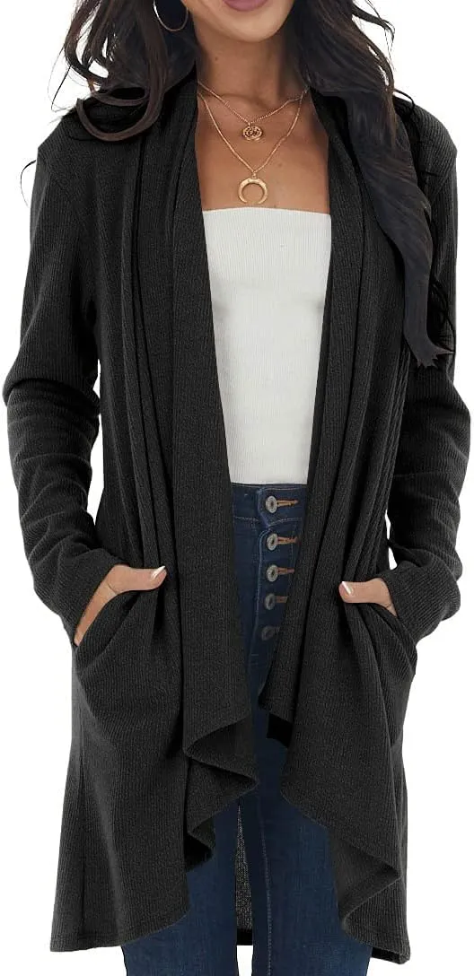 Lacozy Women's Open Front Long Cardigan Draped Snap Buffalo Plaid Shirt Kimono Cardigan Knit Sweater