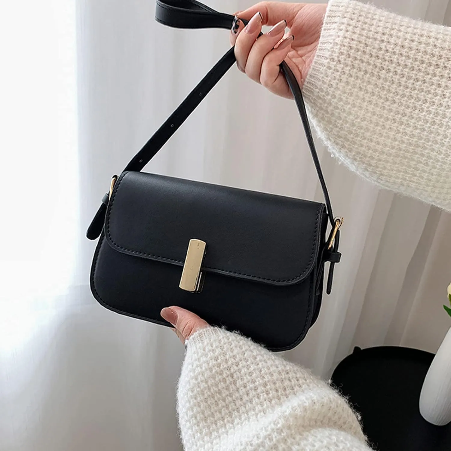 Ladies Fashion Solid Color Leather Metal Adjustable Shoulder Strap Messenger Bag Teacher Messenger Bag (Black, One Size)