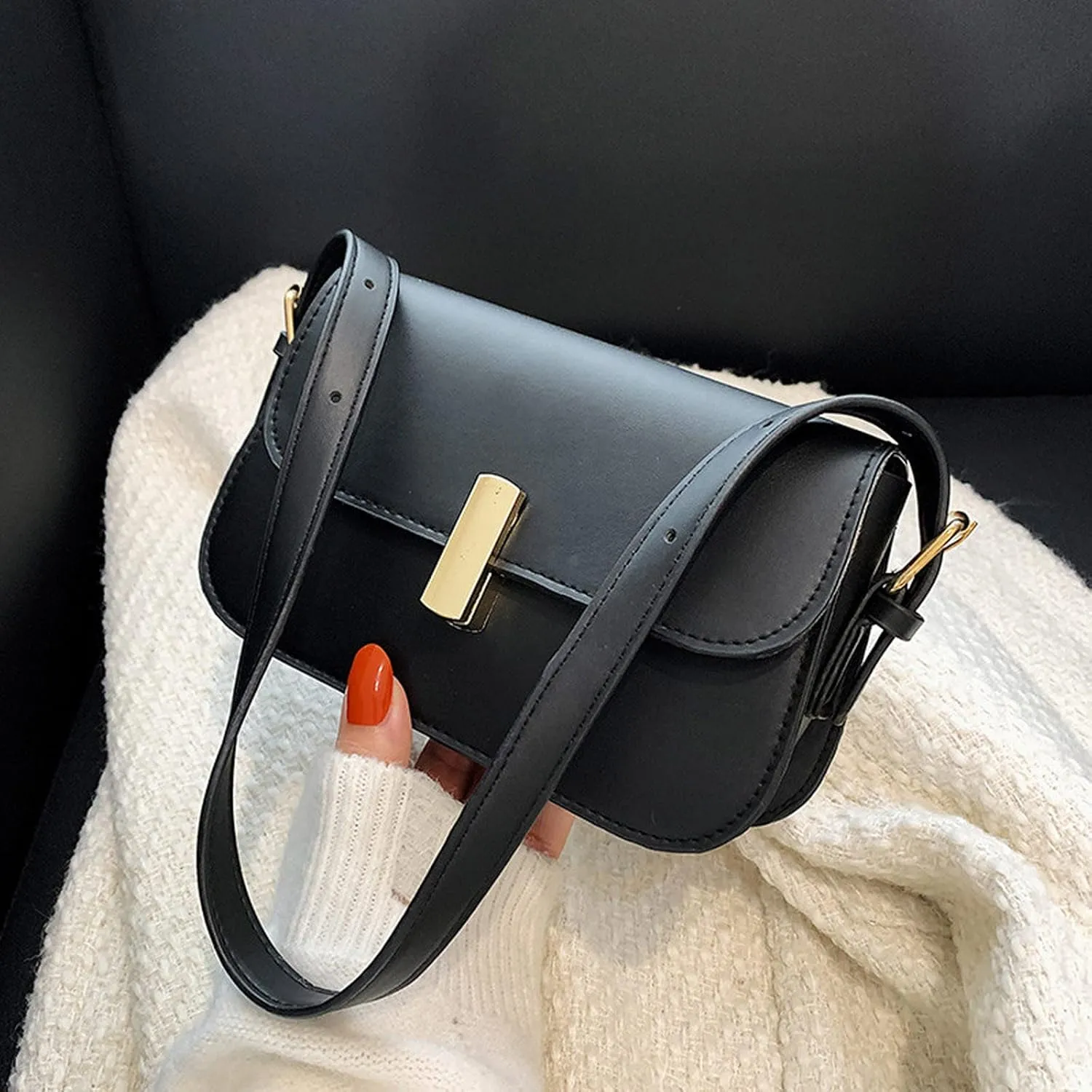 Ladies Fashion Solid Color Leather Metal Adjustable Shoulder Strap Messenger Bag Teacher Messenger Bag (Black, One Size)