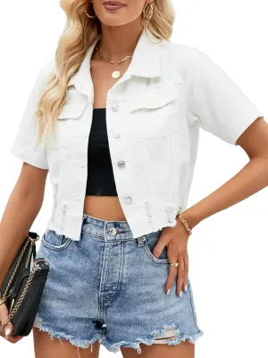 Ladyful Womens Cropped Denim Jacket Short Sleeve Button Down Casual Distressed Jean Jacket Outerwear