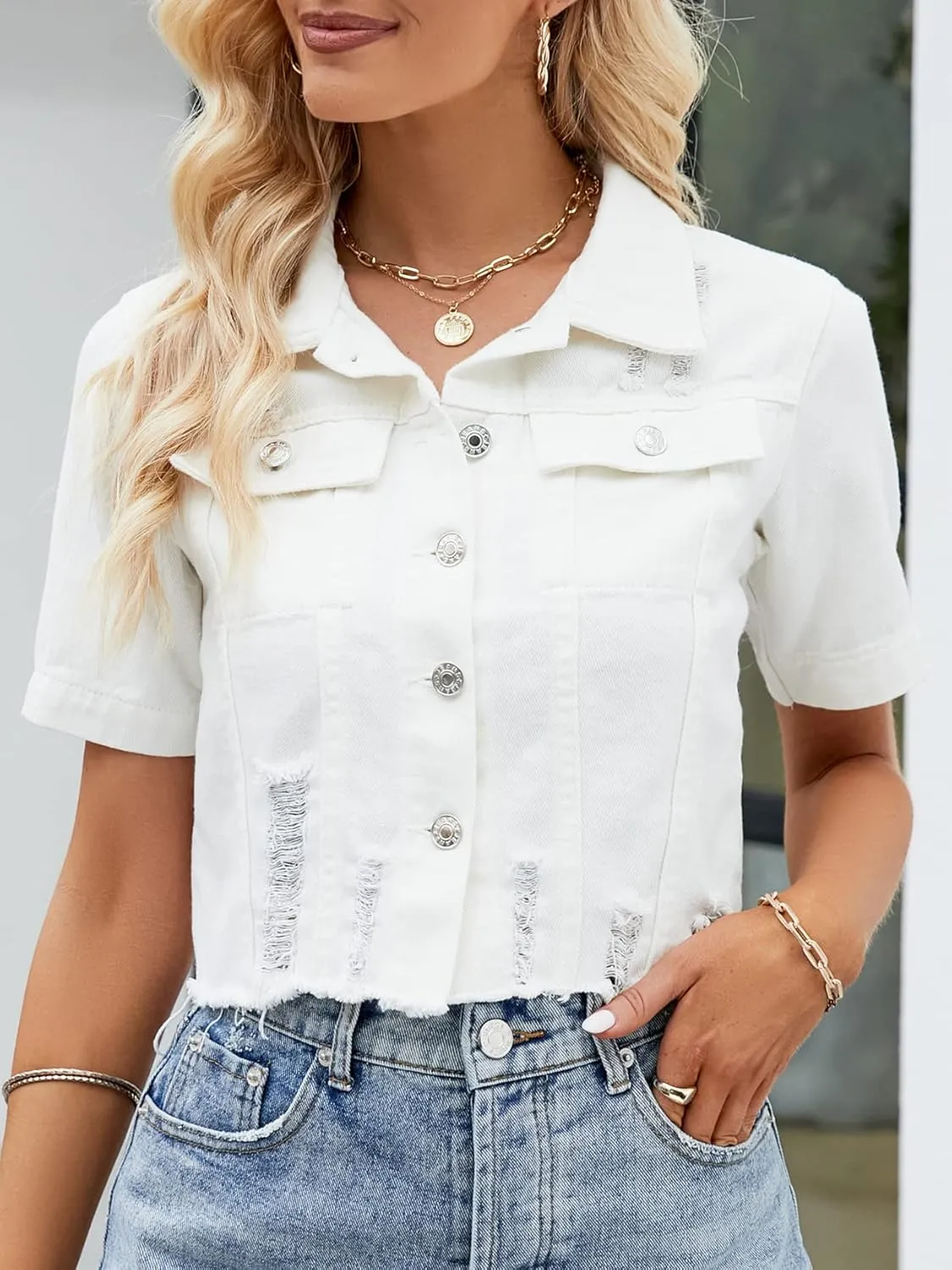 Ladyful Womens Cropped Denim Jacket Short Sleeve Button Down Casual Distressed Jean Jacket Outerwear