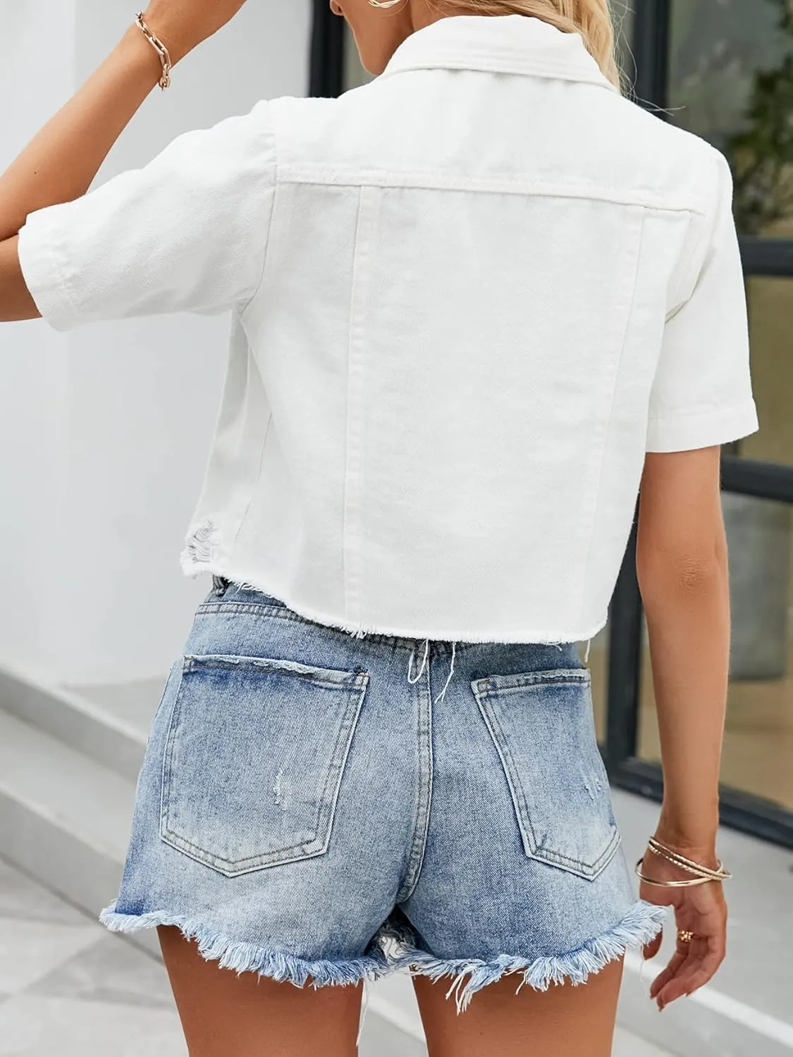 Ladyful Womens Cropped Denim Jacket Short Sleeve Button Down Casual Distressed Jean Jacket Outerwear