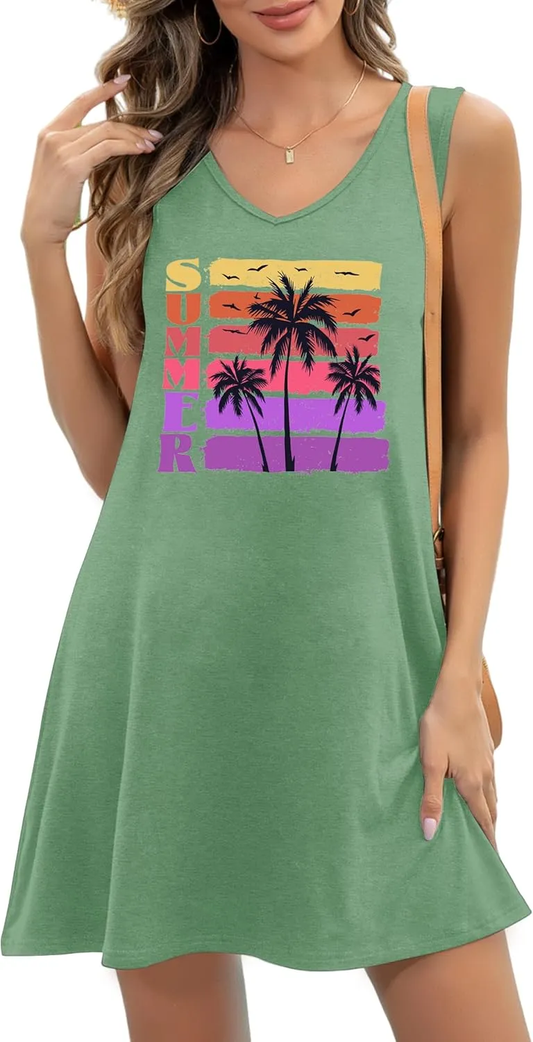 LAZYCHILD Summer Dresses for Women: Summer Sundress 2025 Boho Beach Dress Tree Shirts Tank Dress V Neck Casual Dresses