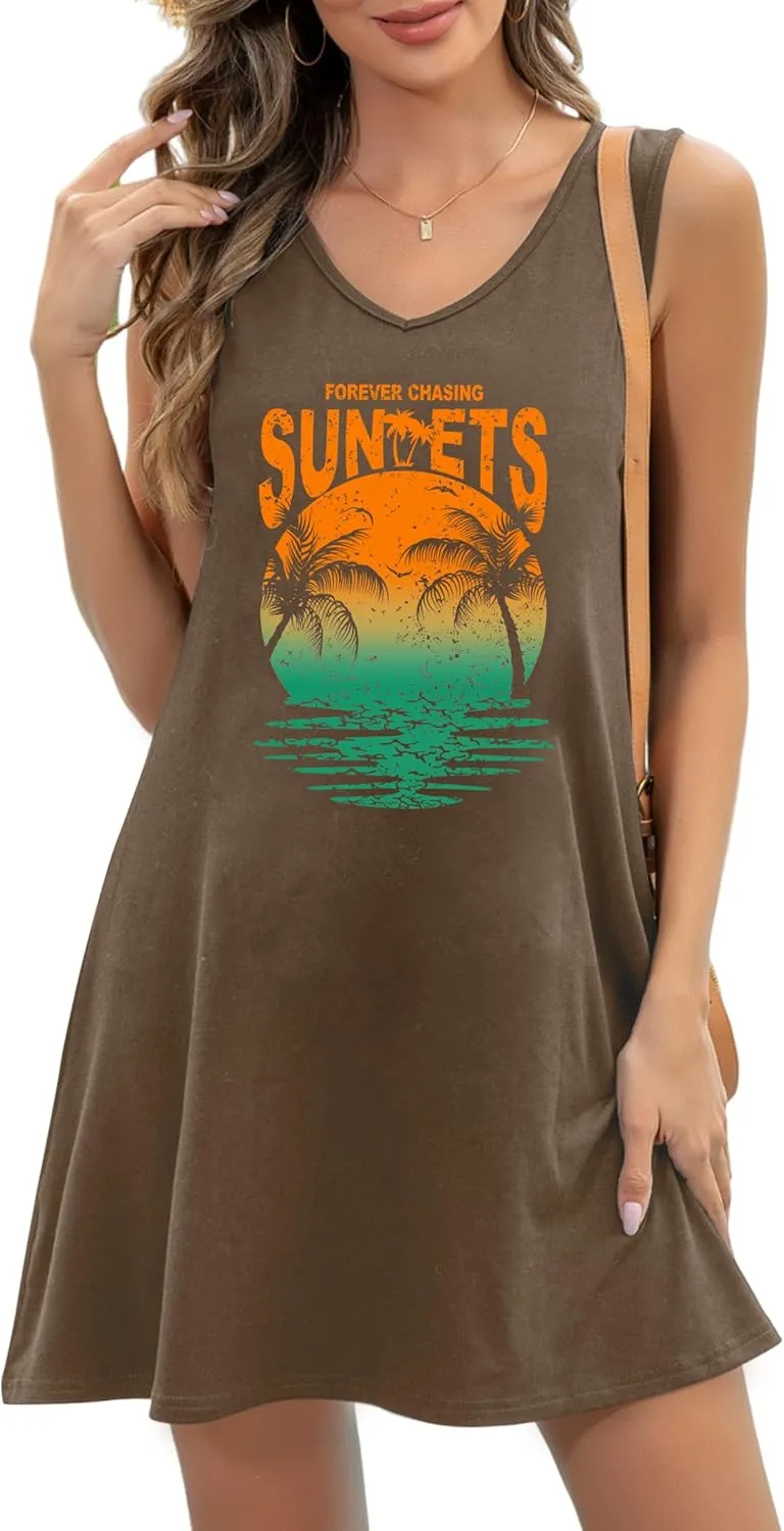 LAZYCHILD Summer Dresses for Women: Summer Sundress 2025 Boho Beach Dress Tree Shirts Tank Dress V Neck Casual Dresses