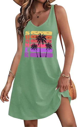 LAZYCHILD Summer Dresses for Women: Summer Sundress 2025 Boho Beach Dress Tree Shirts Tank Dress V Neck Casual Dresses