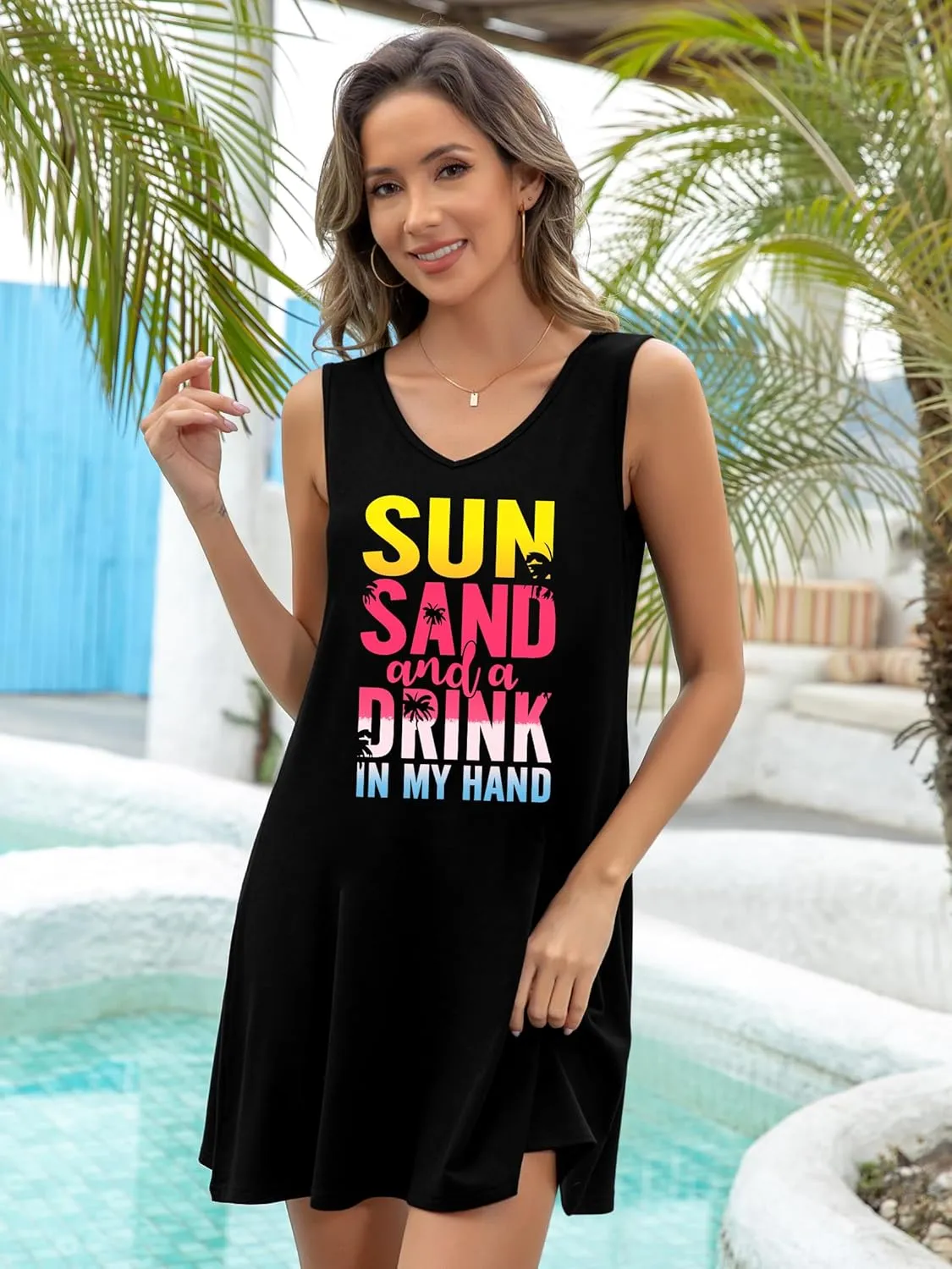 LAZYCHILD Summer Dresses for Women: Summer Sundress 2025 Boho Beach Dress Tree Shirts Tank Dress V Neck Casual Dresses