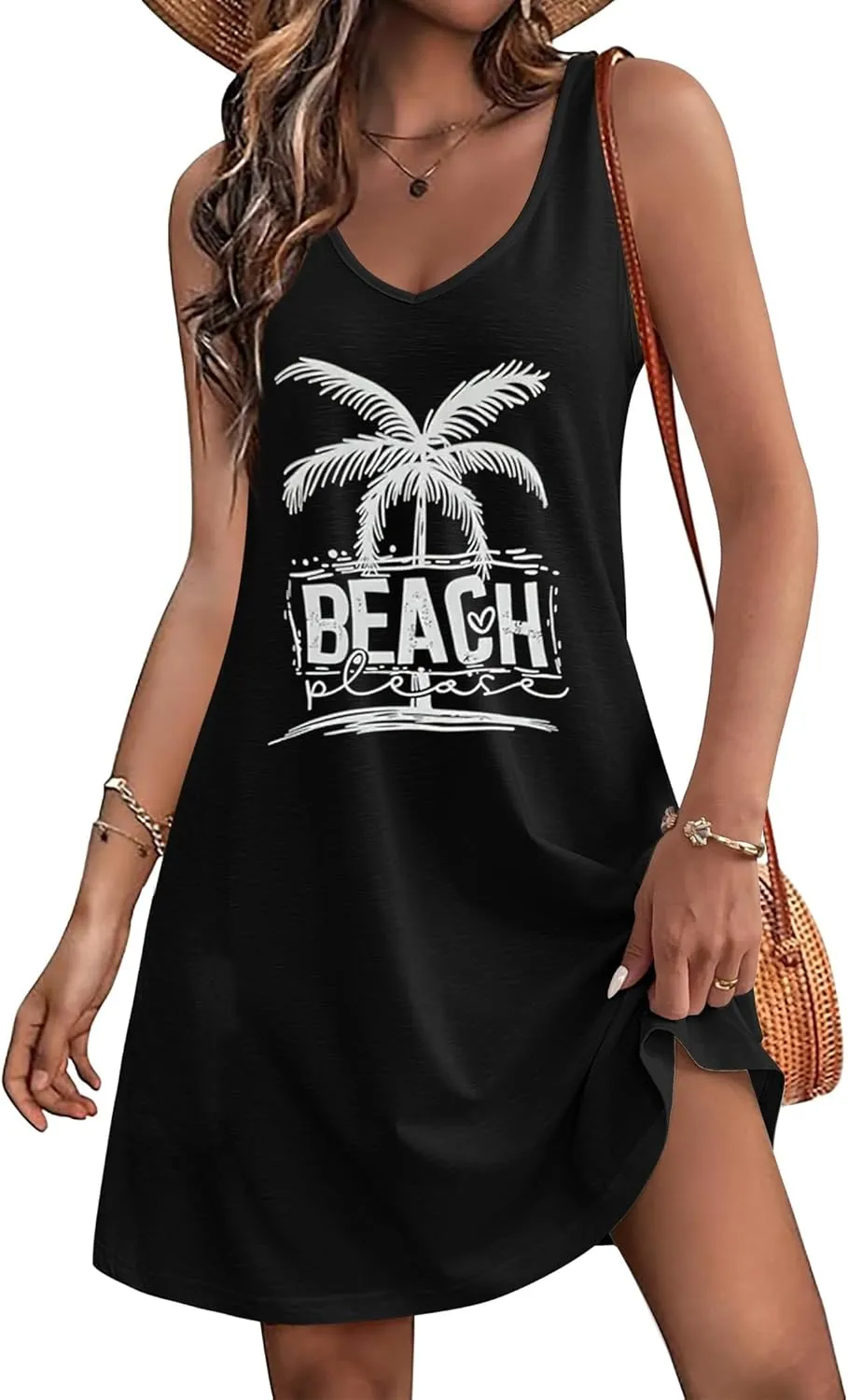 LAZYCHILD Summer Dresses for Women: Summer Sundress 2025 Boho Beach Dress Tree Shirts Tank Dress V Neck Casual Dresses