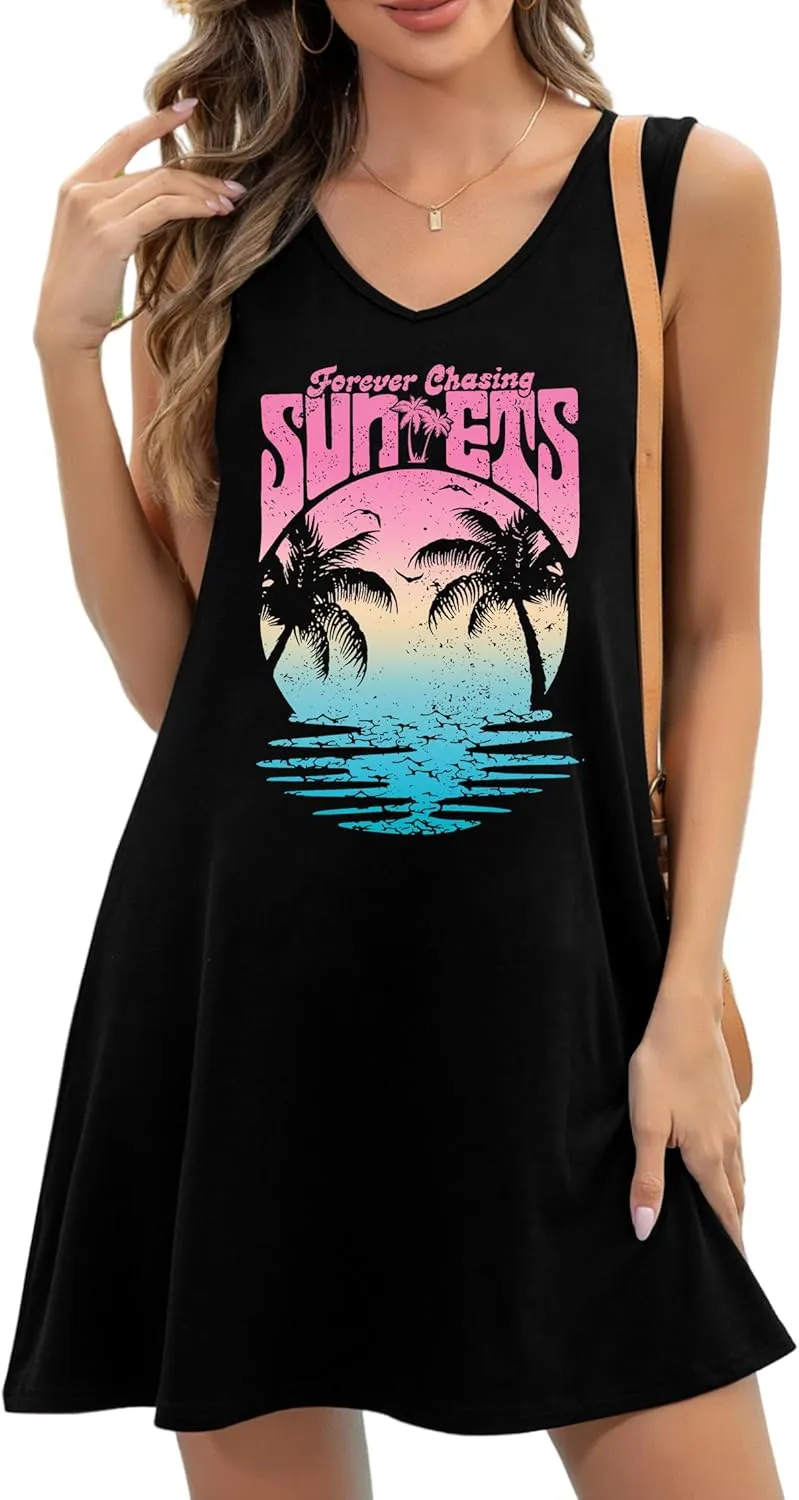 LAZYCHILD Summer Dresses for Women: Summer Sundress 2025 Boho Beach Dress Tree Shirts Tank Dress V Neck Casual Dresses