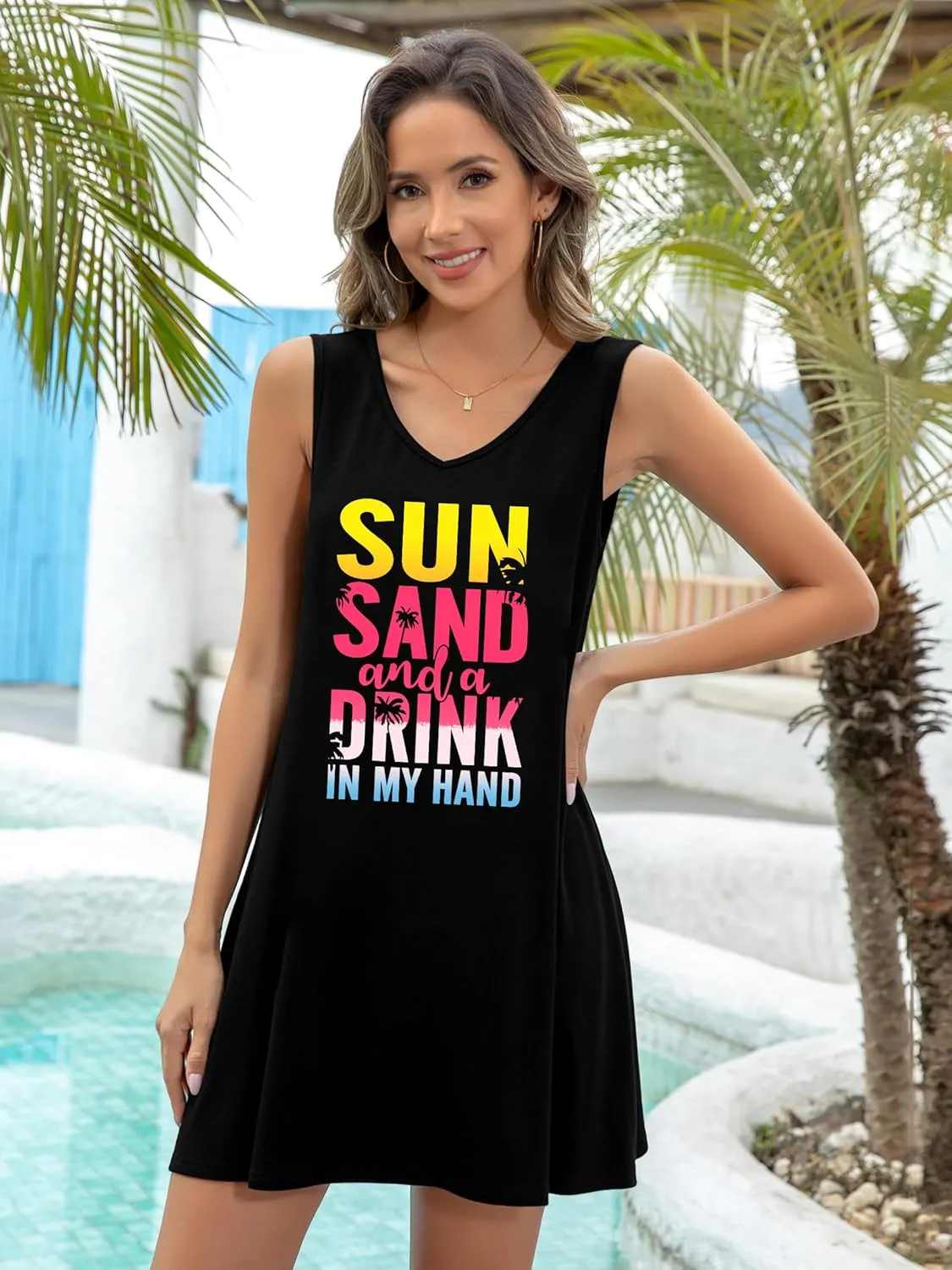 LAZYCHILD Summer Dresses for Women: Summer Sundress 2025 Boho Beach Dress Tree Shirts Tank Dress V Neck Casual Dresses