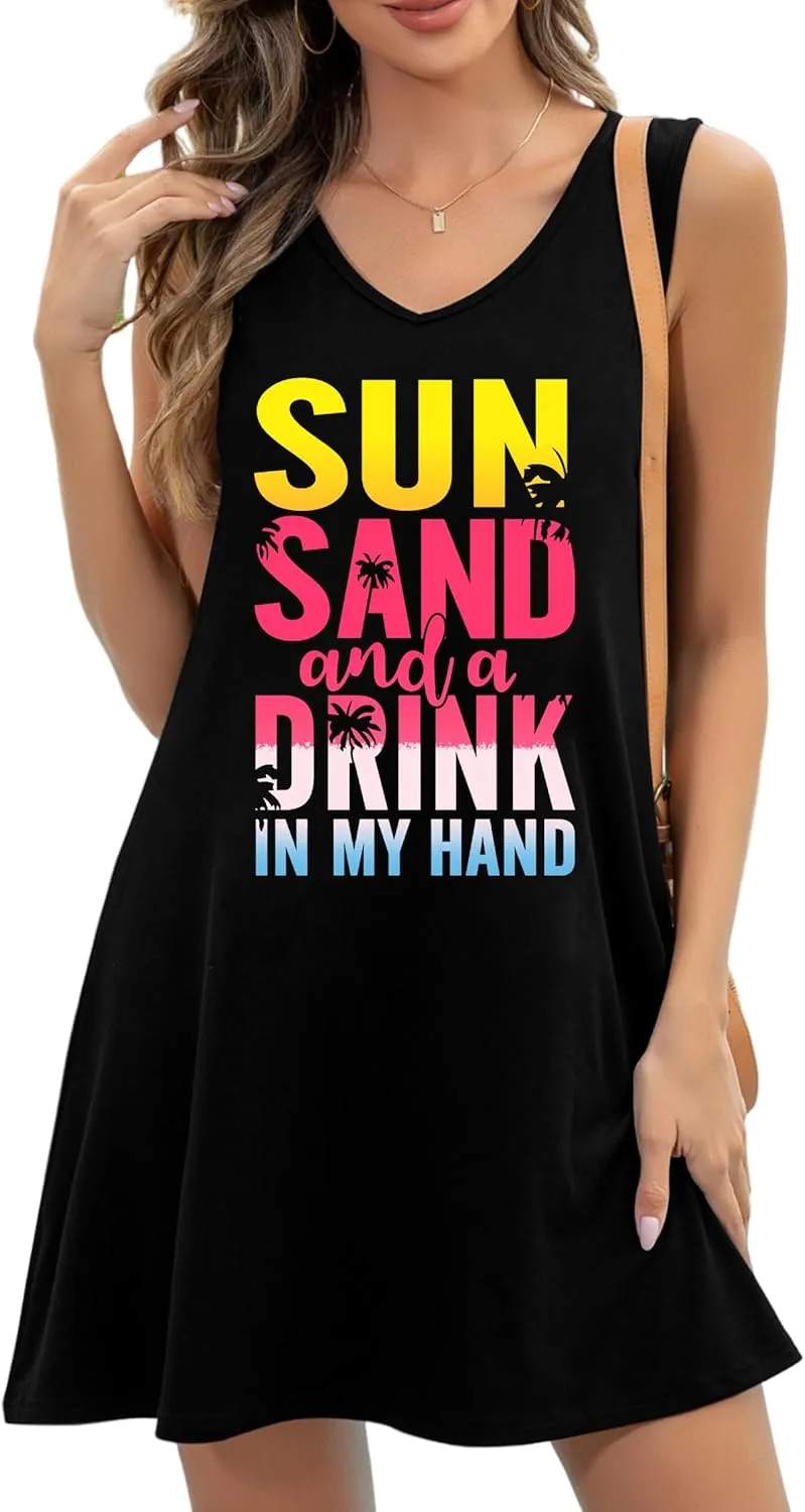 LAZYCHILD Summer Dresses for Women: Summer Sundress 2025 Boho Beach Dress Tree Shirts Tank Dress V Neck Casual Dresses