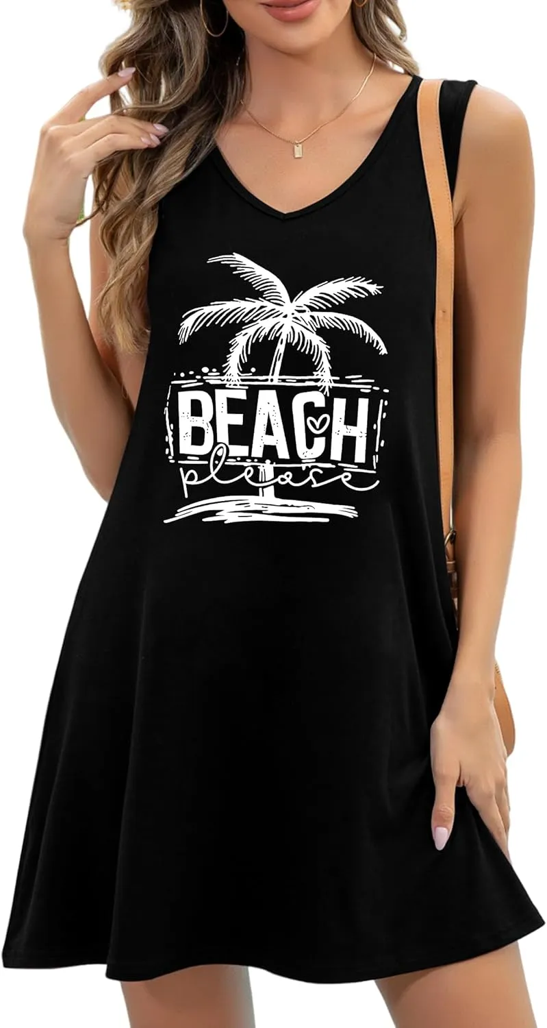 LAZYCHILD Summer Dresses for Women: Summer Sundress 2025 Boho Beach Dress Tree Shirts Tank Dress V Neck Casual Dresses