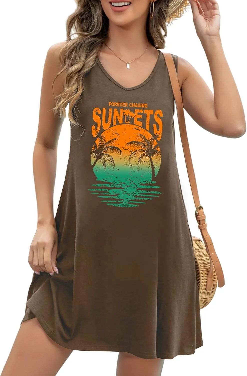 LAZYCHILD Summer Dresses for Women: Summer Sundress 2025 Boho Beach Dress Tree Shirts Tank Dress V Neck Casual Dresses