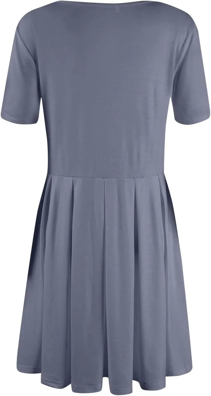 lcyhony Midi Dresses for Women Casual Summer Short Sleeve Crewneck Pleated Tshirt Dress Y2k Vacation Beach Dress with Pockets