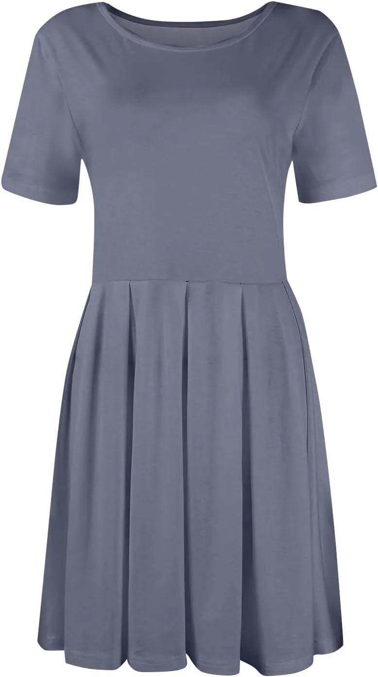 lcyhony Midi Dresses for Women Casual Summer Short Sleeve Crewneck Pleated Tshirt Dress Y2k Vacation Beach Dress with Pockets