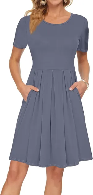 lcyhony Midi Dresses for Women Casual Summer Short Sleeve Crewneck Pleated Tshirt Dress Y2k Vacation Beach Dress with Pockets