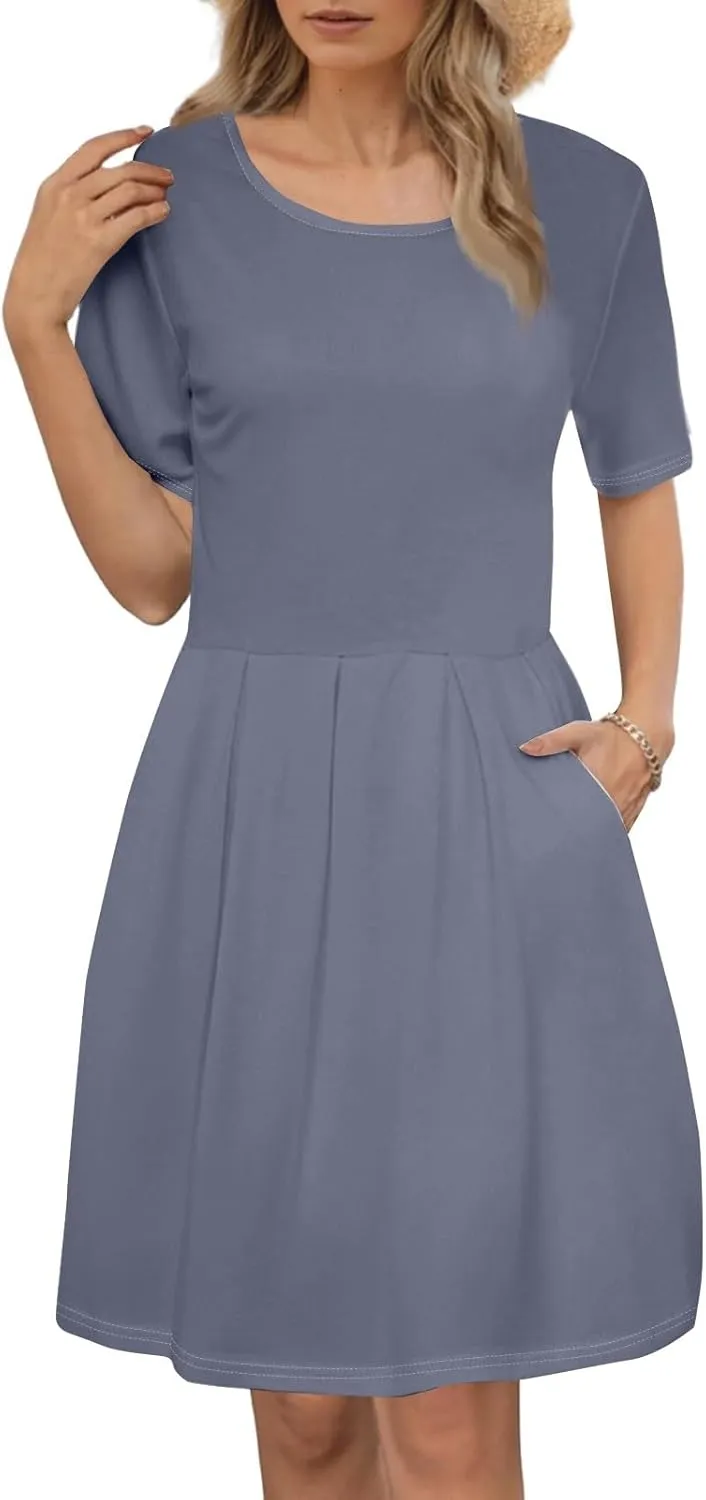 lcyhony Midi Dresses for Women Casual Summer Short Sleeve Crewneck Pleated Tshirt Dress Y2k Vacation Beach Dress with Pockets