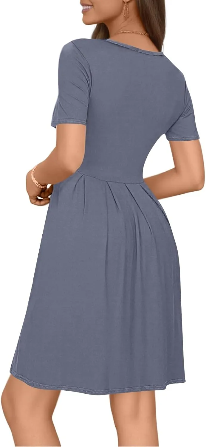lcyhony Midi Dresses for Women Casual Summer Short Sleeve Crewneck Pleated Tshirt Dress Y2k Vacation Beach Dress with Pockets