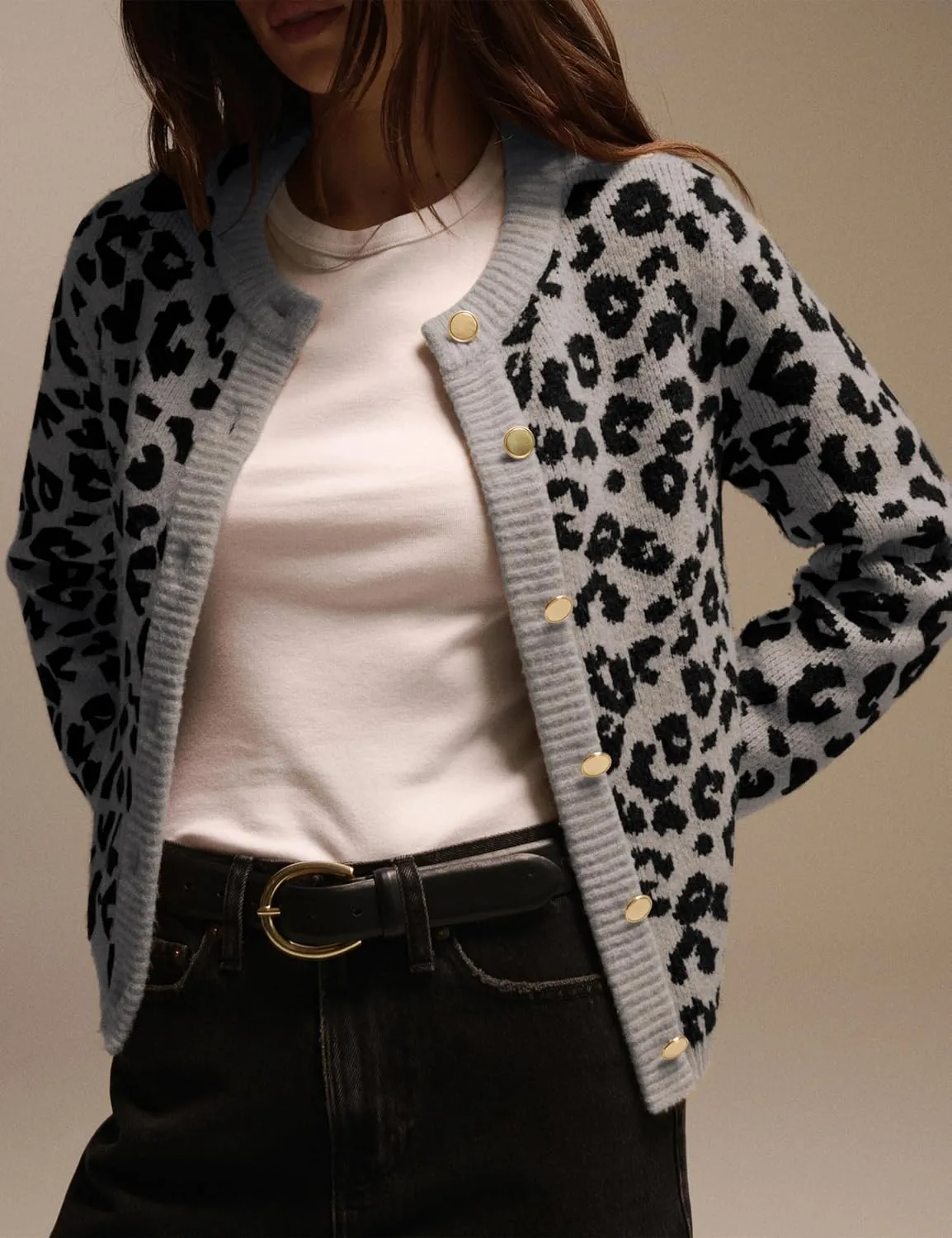 Leopard Print Cardigans for Women Cheetah Open Front Sweaters Button Down Knit Fall Clothes Long Sleeve Outwear Coats