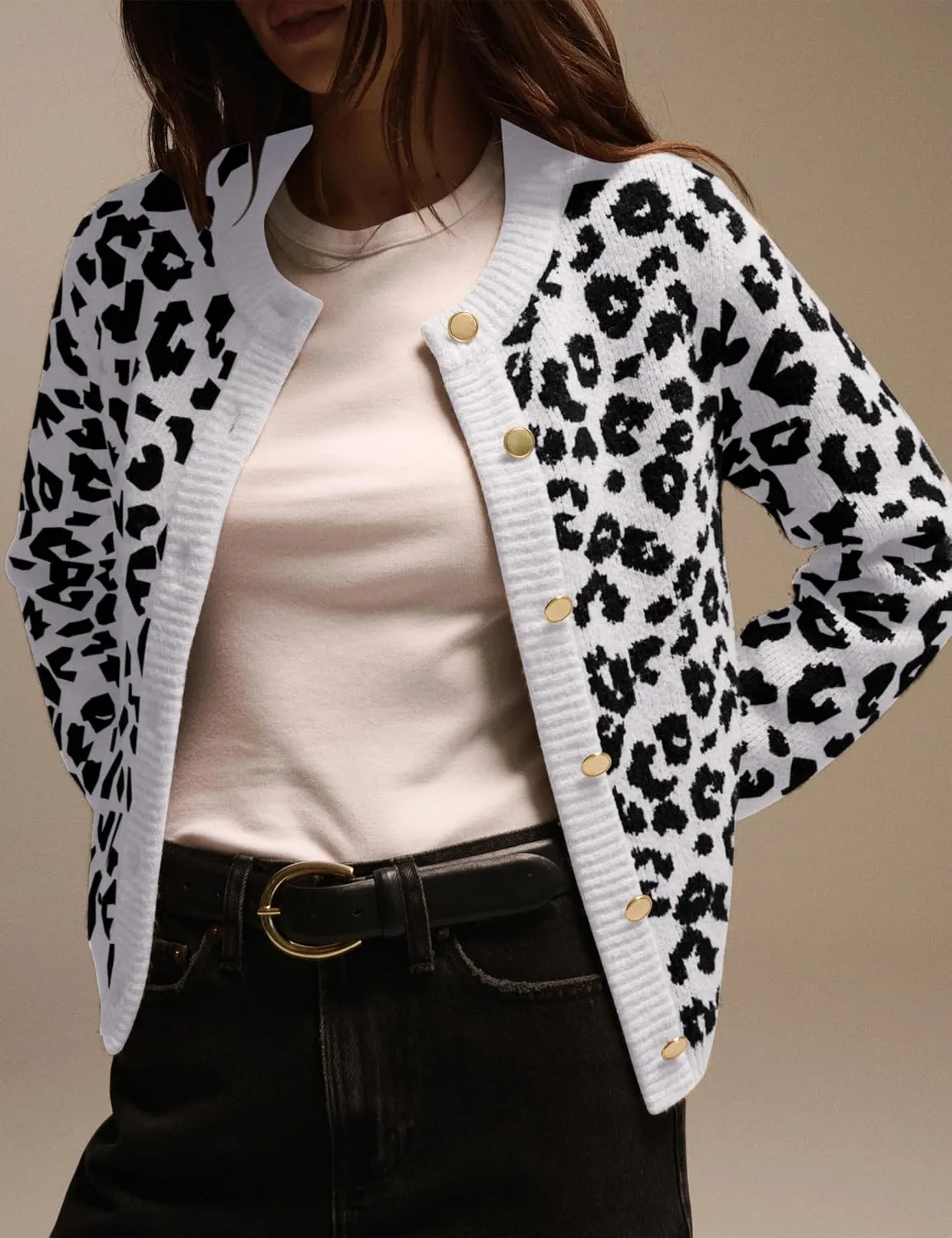 Leopard Print Cardigans for Women Cheetah Open Front Sweaters Button Down Knit Fall Clothes Long Sleeve Outwear Coats