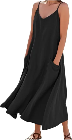 Linen Dresses for Women Spaghetti Strap Trendy Loose Sundress Casual Flowy Lightweight Summer Clothing