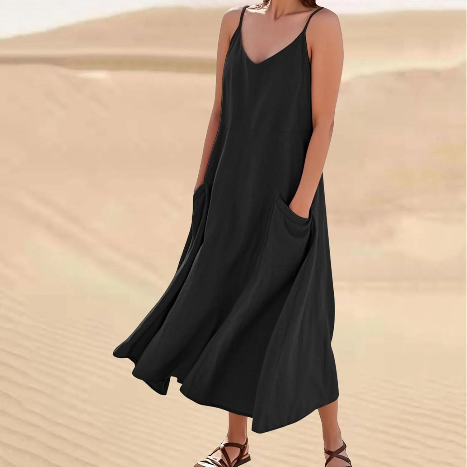 Linen Dresses for Women Spaghetti Strap Trendy Loose Sundress Casual Flowy Lightweight Summer Clothing