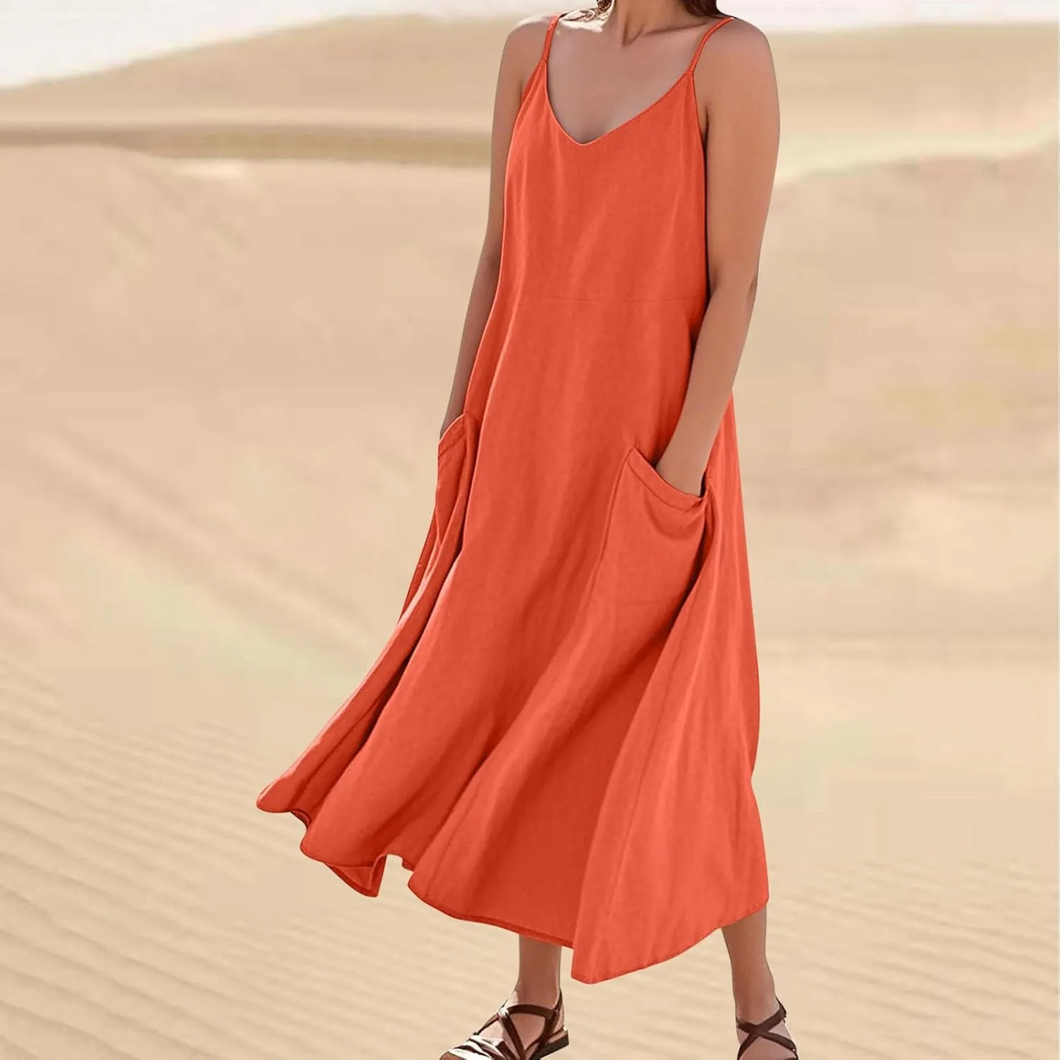 Linen Dresses for Women Spaghetti Strap Trendy Loose Sundress Casual Flowy Lightweight Summer Clothing