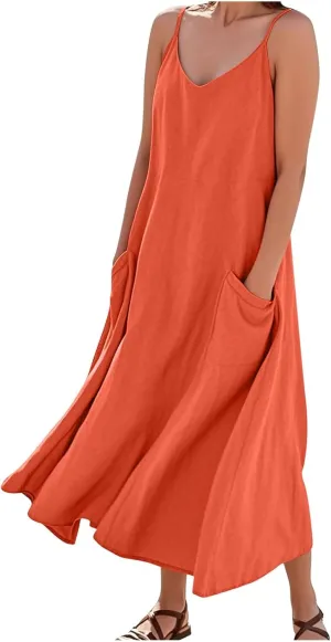 Linen Dresses for Women Spaghetti Strap Trendy Loose Sundress Casual Flowy Lightweight Summer Clothing
