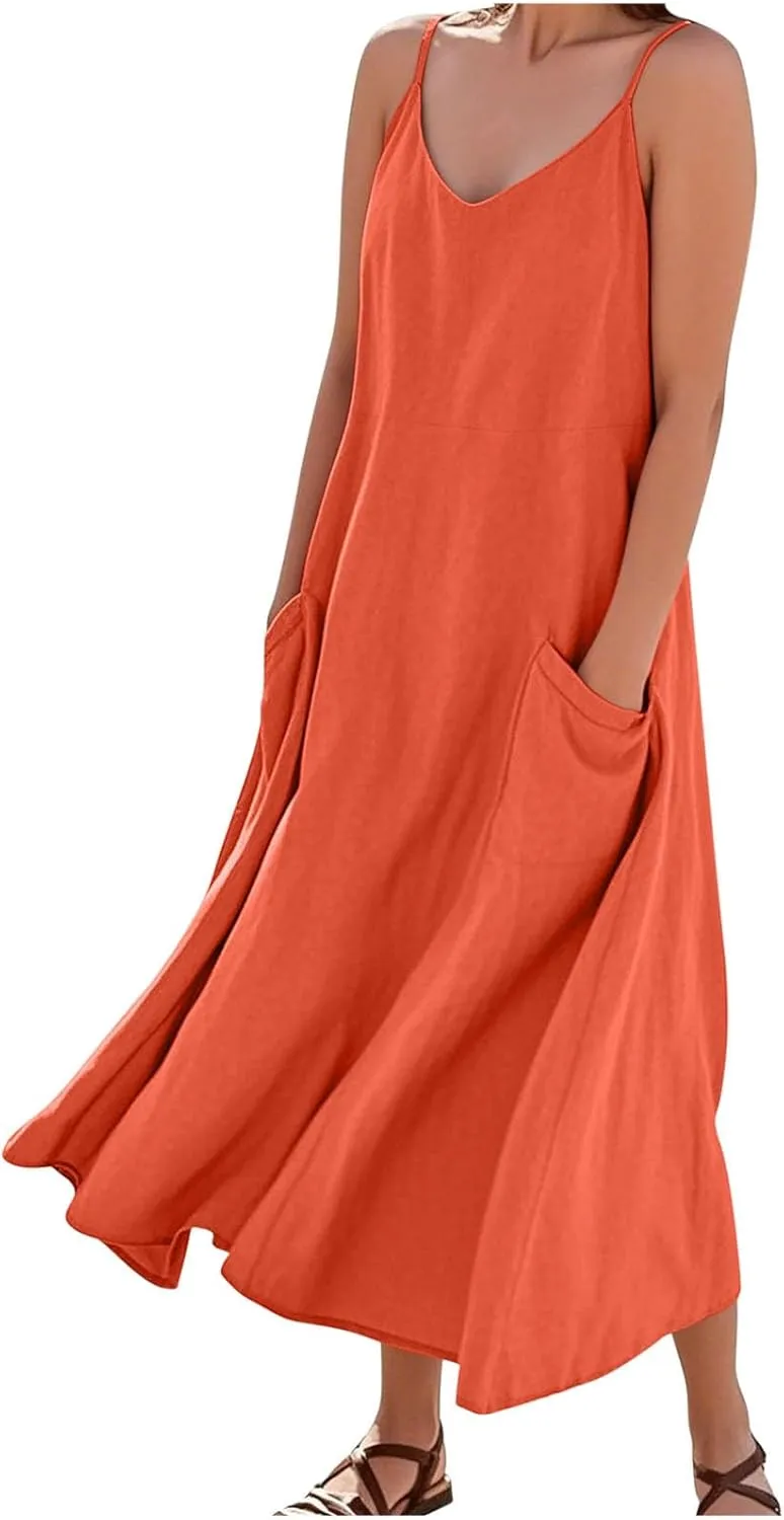 Linen Dresses for Women Spaghetti Strap Trendy Loose Sundress Casual Flowy Lightweight Summer Clothing